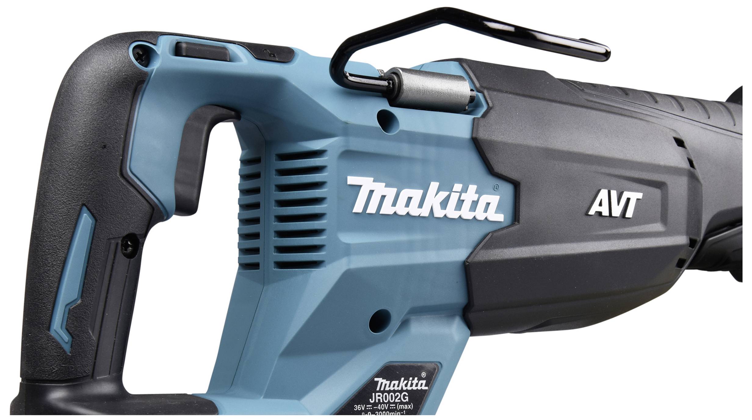 Elektrische Säbelsäge von Makita, Modell AVT. Schwarzer und blauer Griff, geeignet für präzises Schneiden in Bauprojekten.