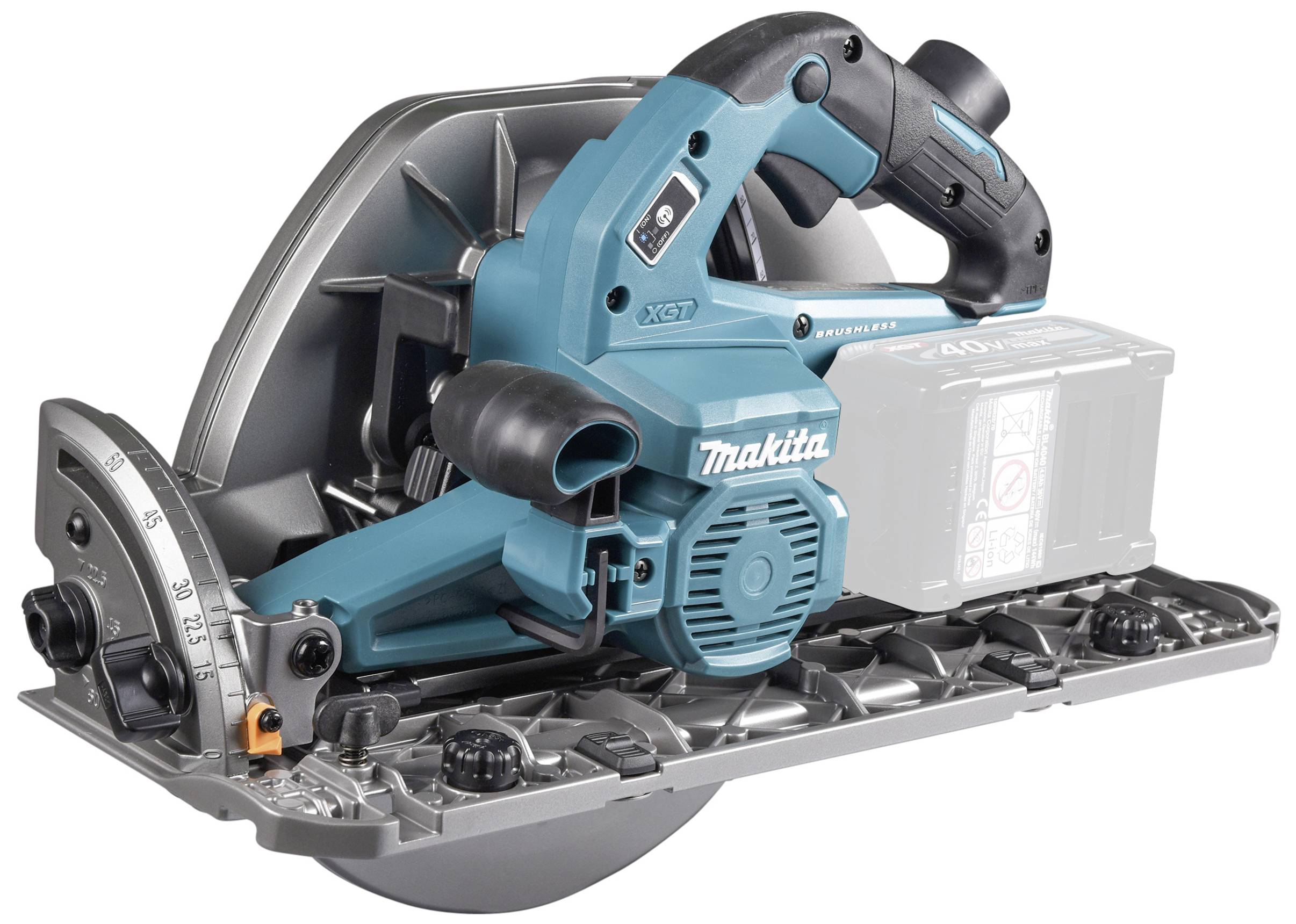 Eine blaue, kabellose Kreissäge auf grauem Hintergrund, geeignet für präzise Holzarbeiten. Makita-Logo auf der Seite sichtbar.