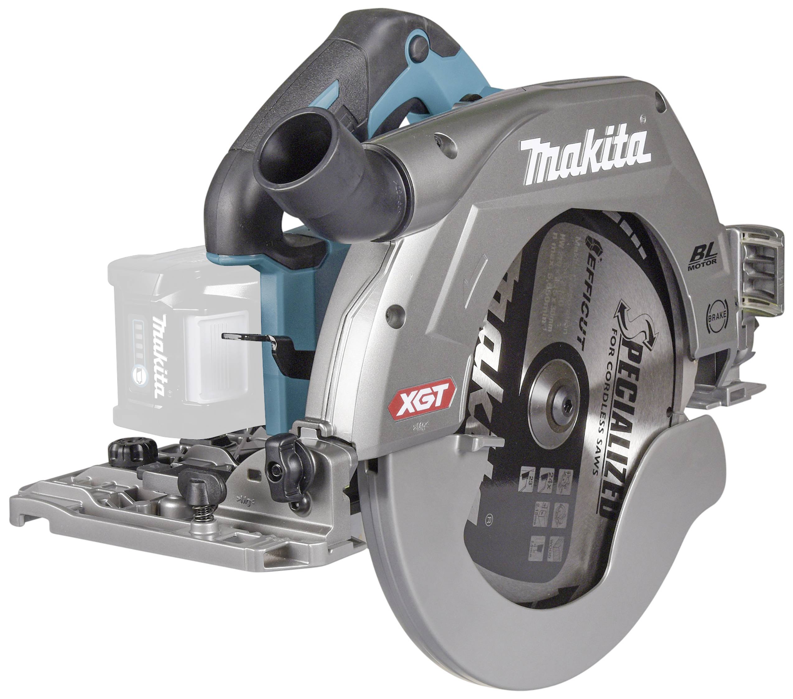 Eine elektrische Handkreissäge der Marke Makita, Modell XGT, mit einem silbernen und blauen Gehäuse. Sie ist für präzise Schnitte geeignet.