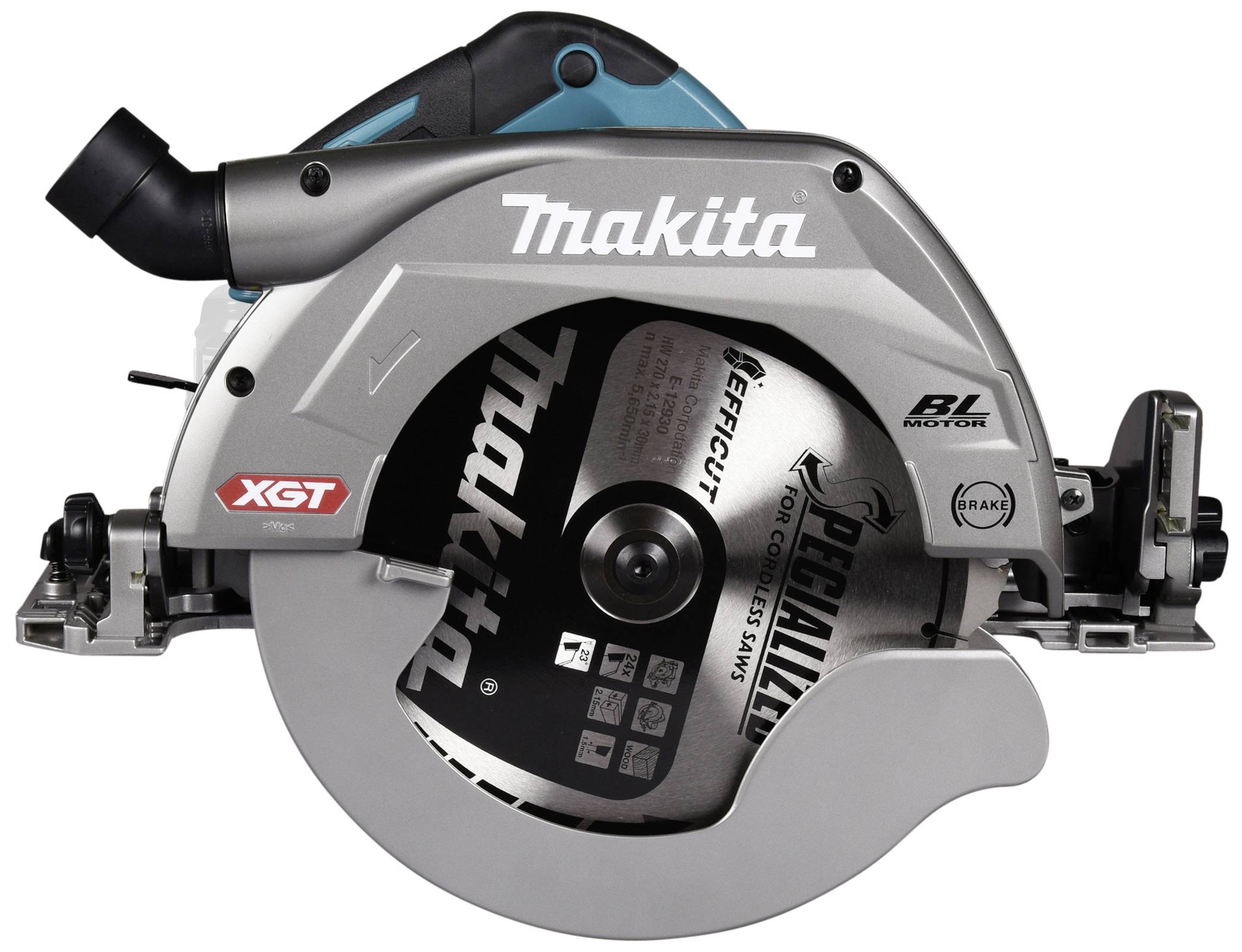 Eine Makita Kreissäge mit silbernem Gehäuse und sichtbarem Sägeblatt. Sie verfügt über das XGT-Logo und BL-Motor-Technologie.