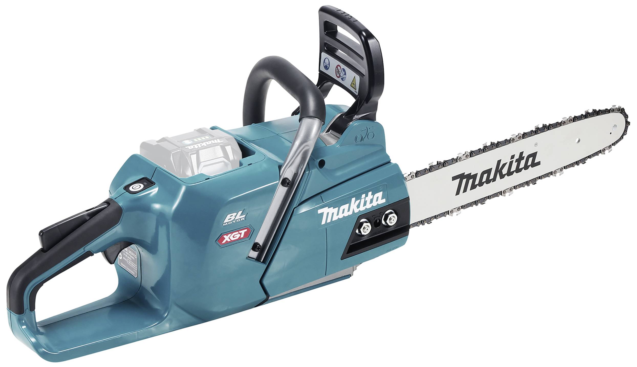 Akkubetriebene Kettensäge von Makita, Modell XGT, in Blau und Schwarz. Seitenansicht zeigt Kette und Gehäuse mit Griffen.