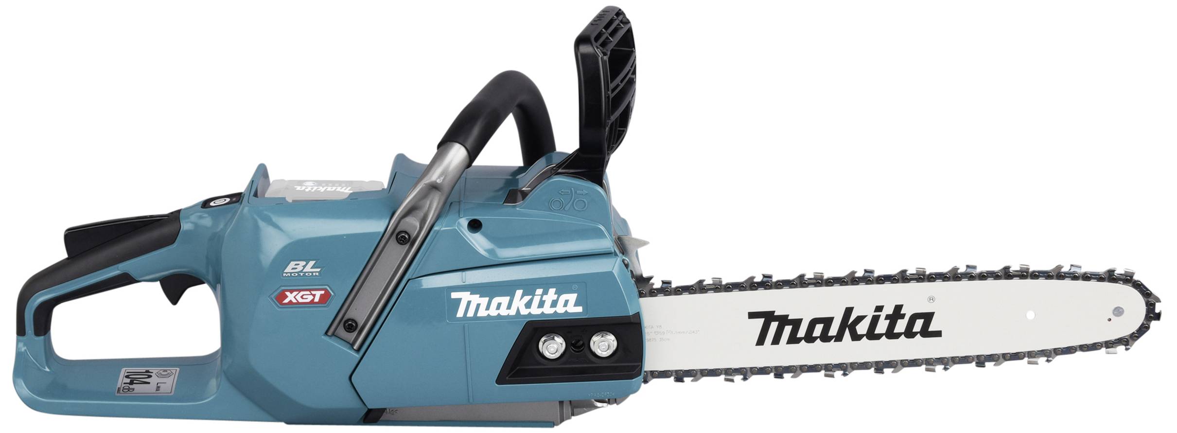 Eine blaue elektrische Motorsäge der Marke Makita mit einem langen Schwert und schwarzem Griff, geeignet für Holzarbeiten.