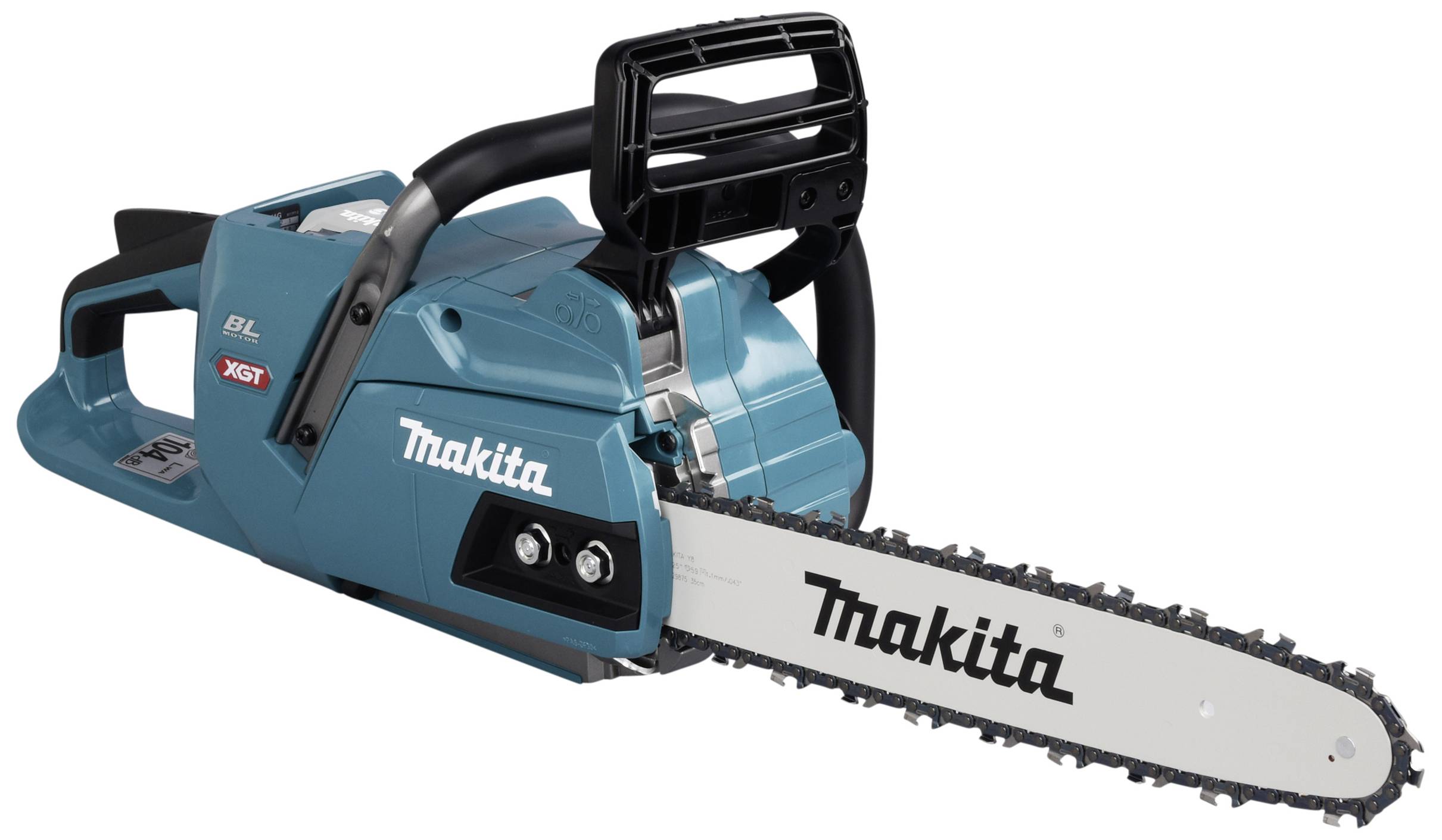 Eine blaue, benzinlose Kettensäge der Marke Makita mit schwarzem Handgriff und silberner Schiene, geeignet für Holzarbeiten.