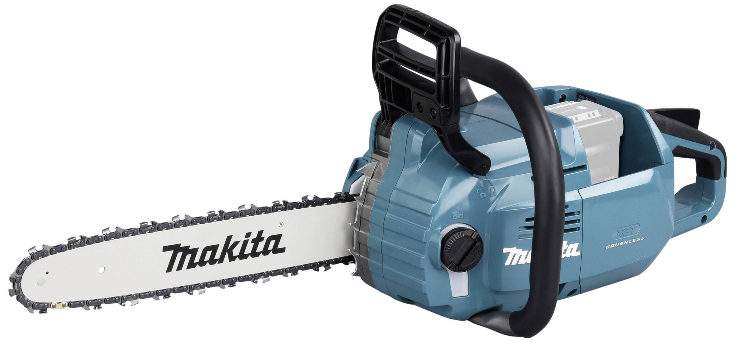 Akkubetriebene, blaue Makita Kettensäge mit ergonomischem Handgriff, geeignet für Holzschneiden im Garten oder auf Baustellen.