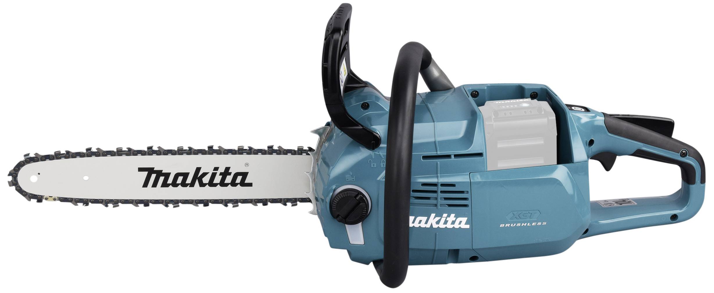 Akkukettensäge in Blau von Makita, seitlich gezeigt, mit weißem Schwert und schwarzer Kette.