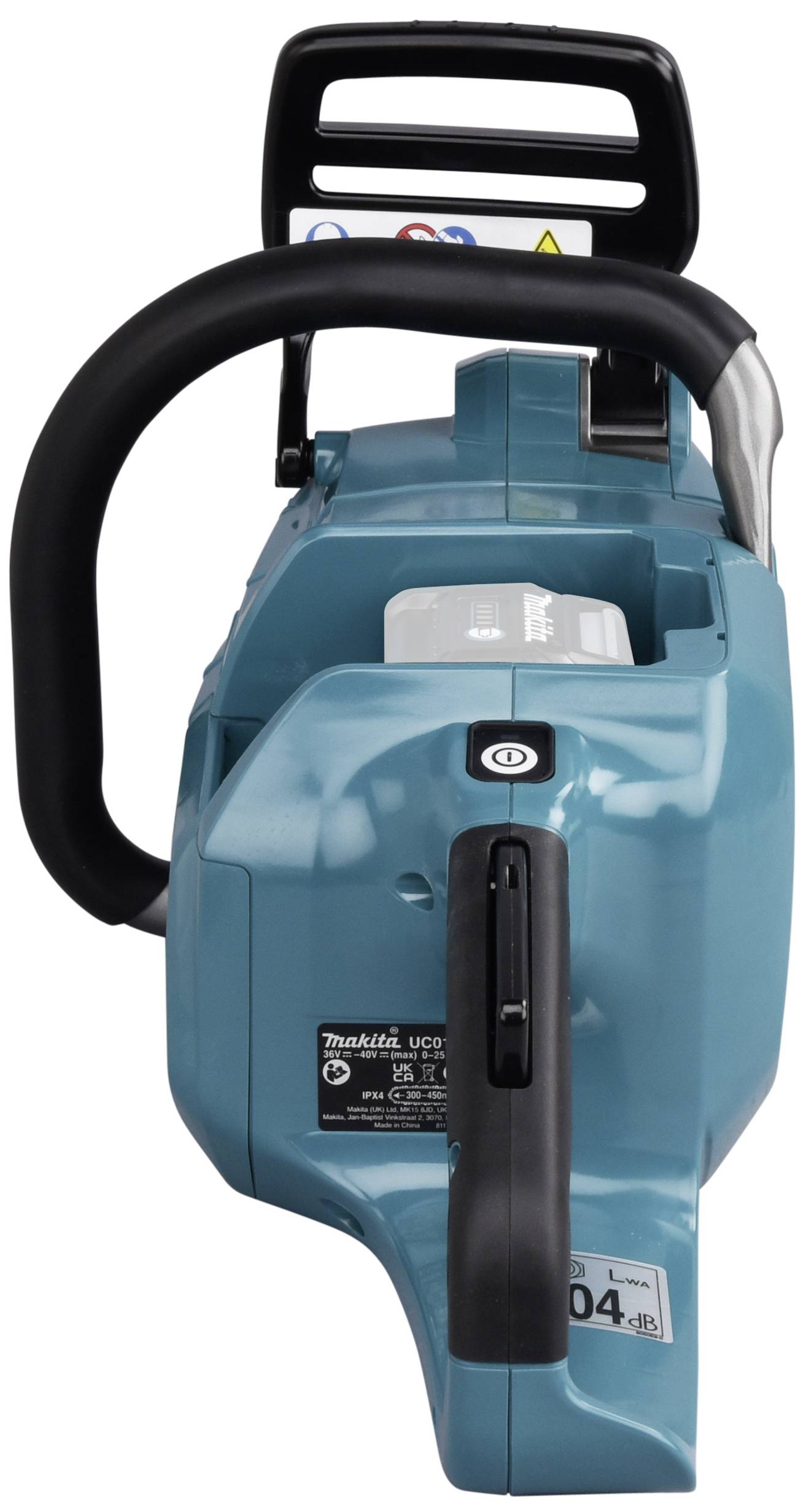 Blaue elektrische Kettensäge von oben gesehen, zeigt den Griff und Sicherheitsaufkleber.