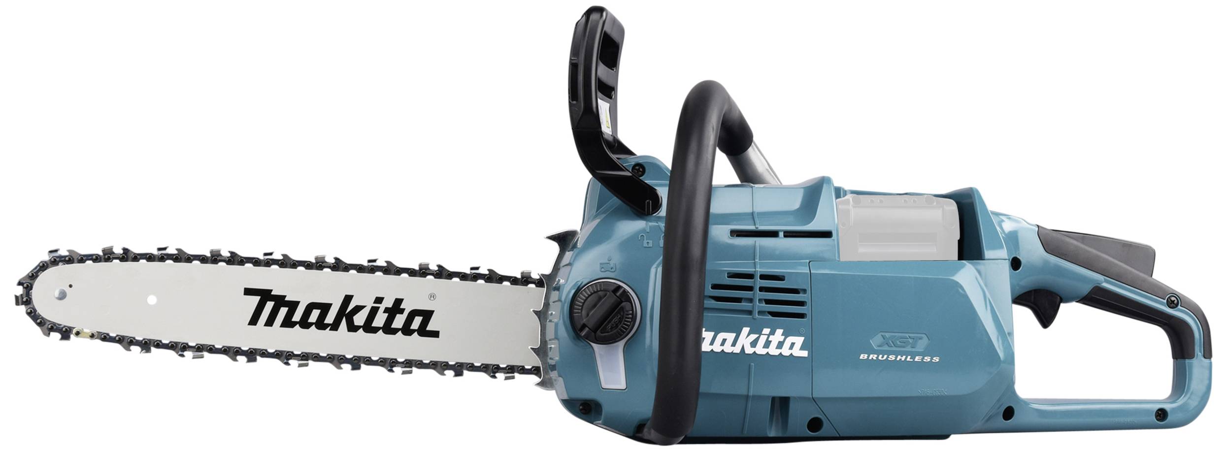Elektrokettensäge in blauem Gehäuse mit schwarzem und silbernem Sägeblatt, Marke 'Makita' auf Kettenschutz, ausgelegt für Holzarbeiten.
