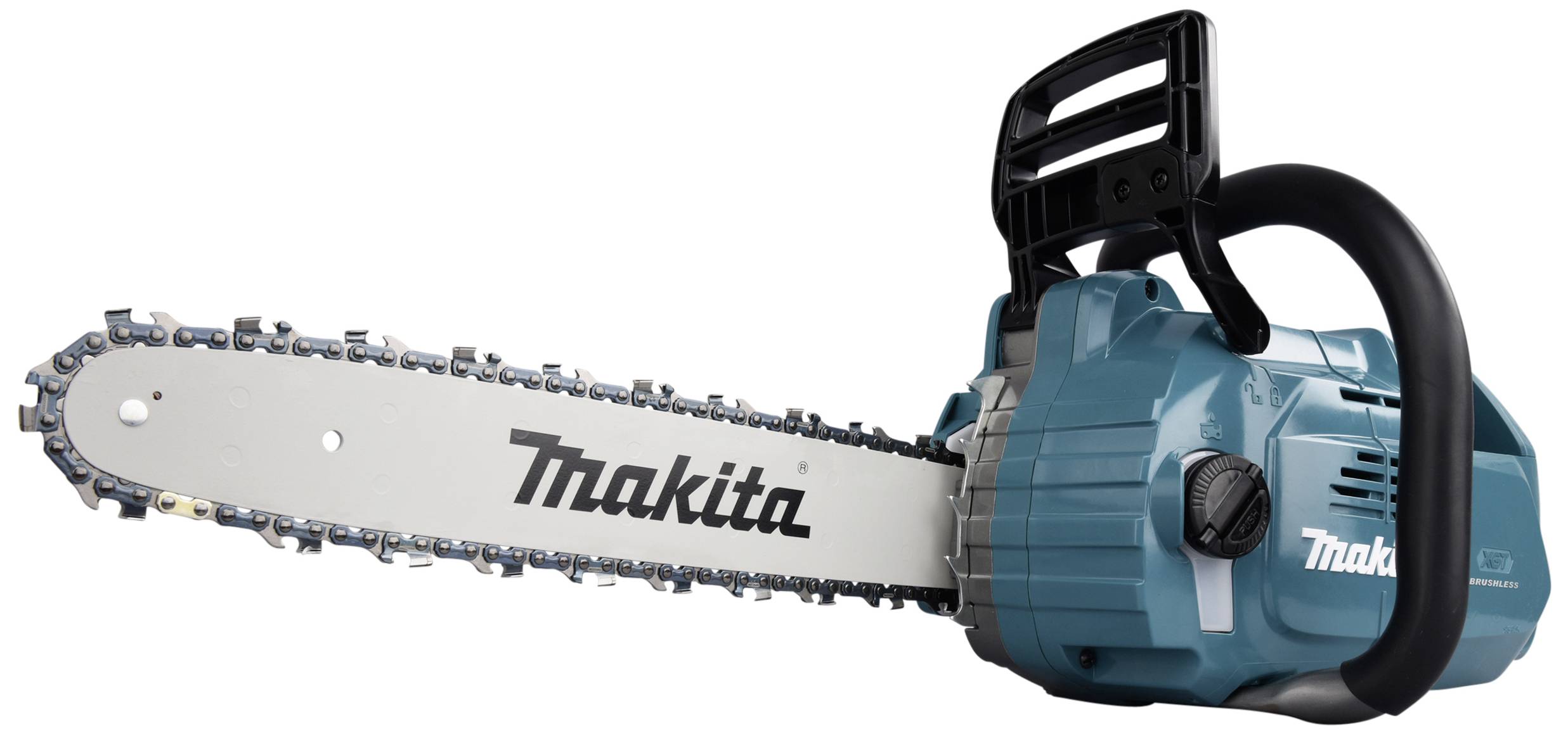 Blaue Kettensäge mit schwarzem Griff und silberner Kette. Markenname 'Makita' auf der Schiene.