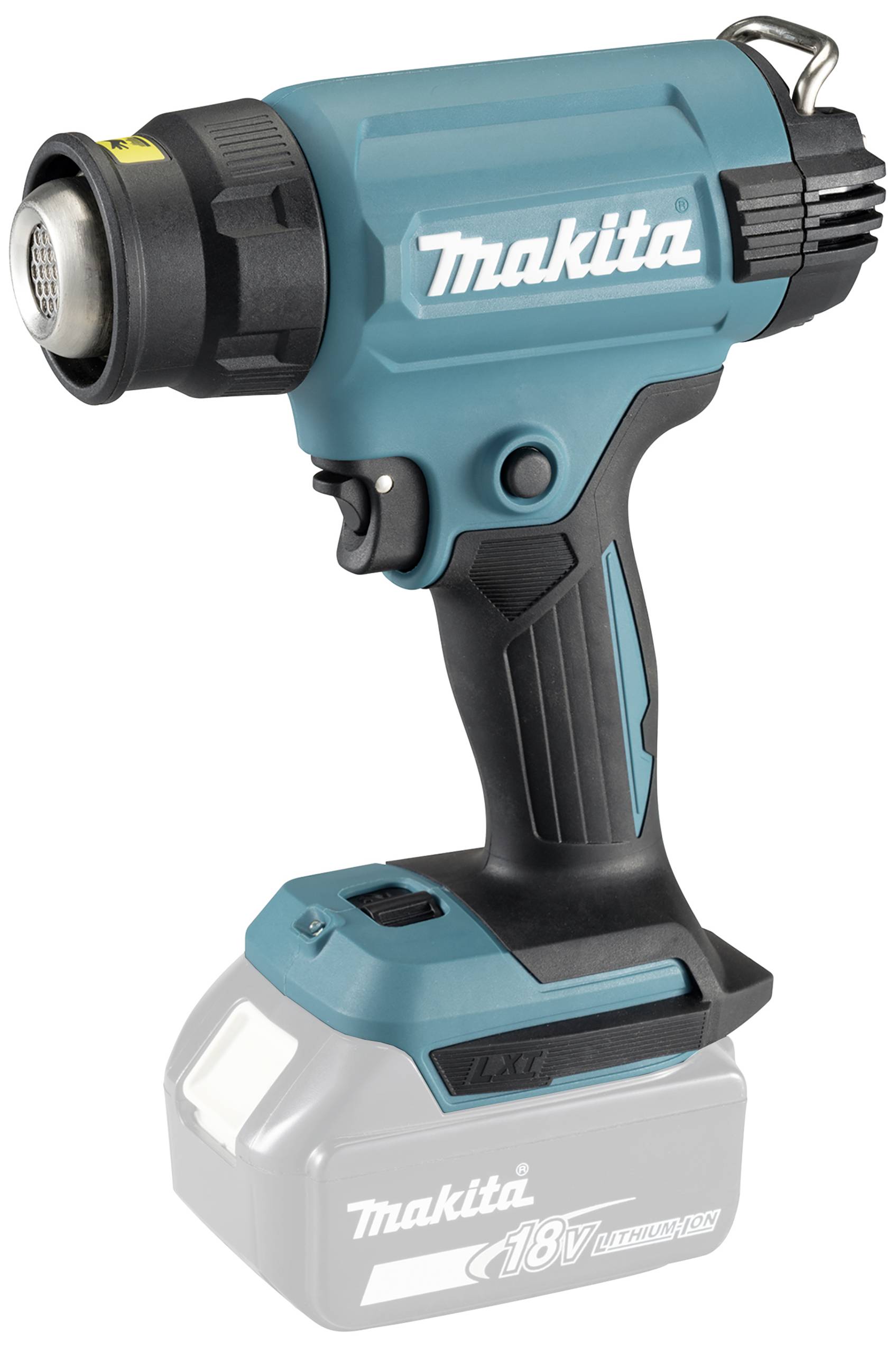 Heißluftgebläse von Makita, blau-schwarz, kabellos mit einem 18V Li-Ion-Akku. Ergonomisches Design für komfortable Handhabung.