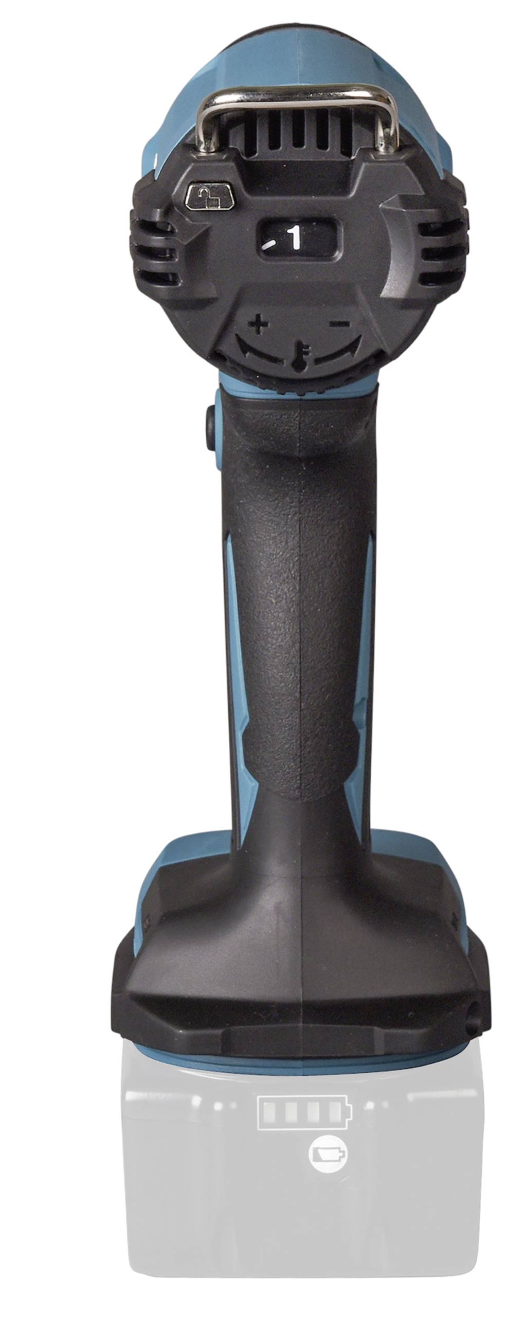 Ein kabelloser, handgehaltener Winkelschleifer mit blauem und schwarzem Griff. Deutlich sichtbare Bedienelemente auf der Vorderseite.