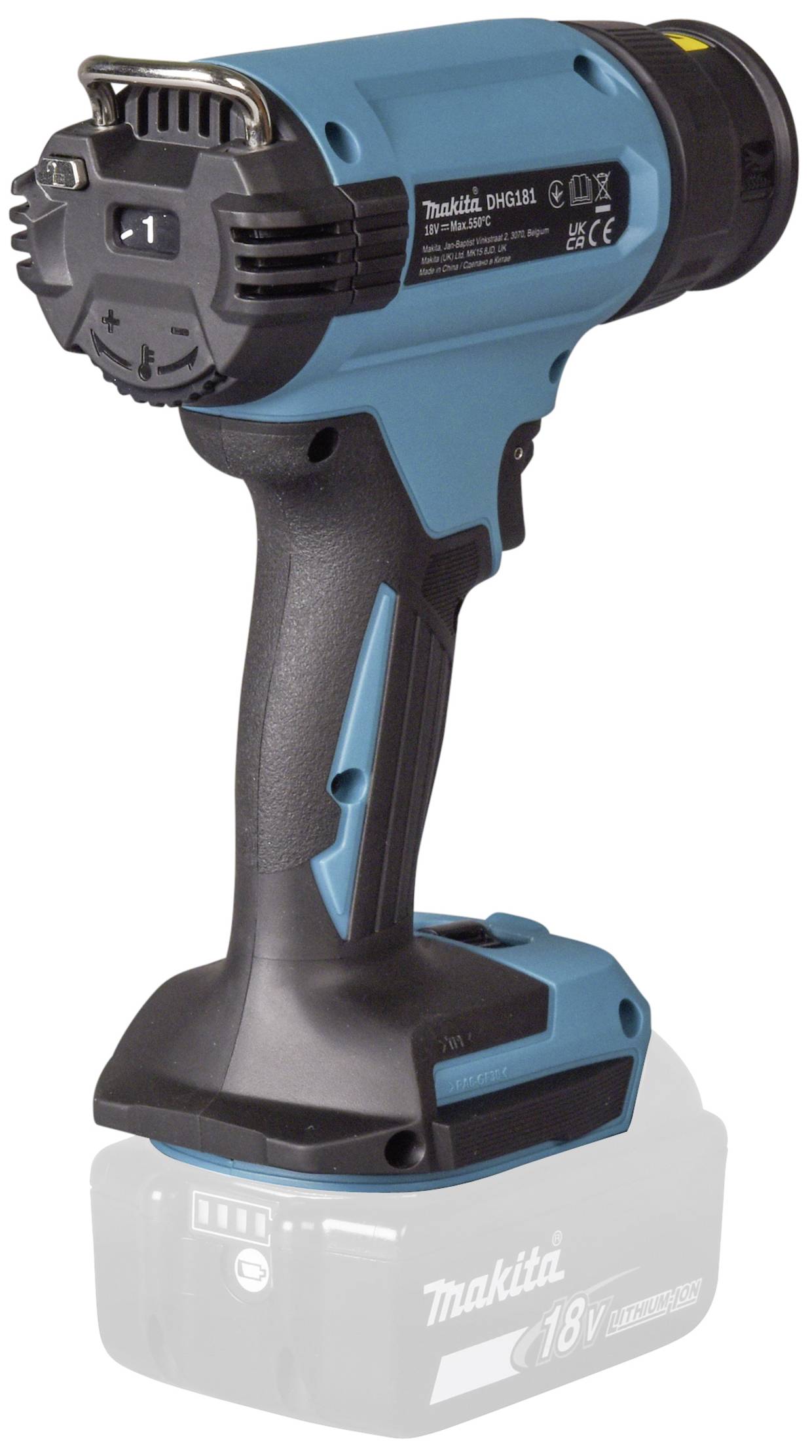 Akkubetriebenes Hitzegebläse in Blau und Schwarz, ohne eingesetzten Akku. Geeignet für Heimwerker- und Bauarbeiten.