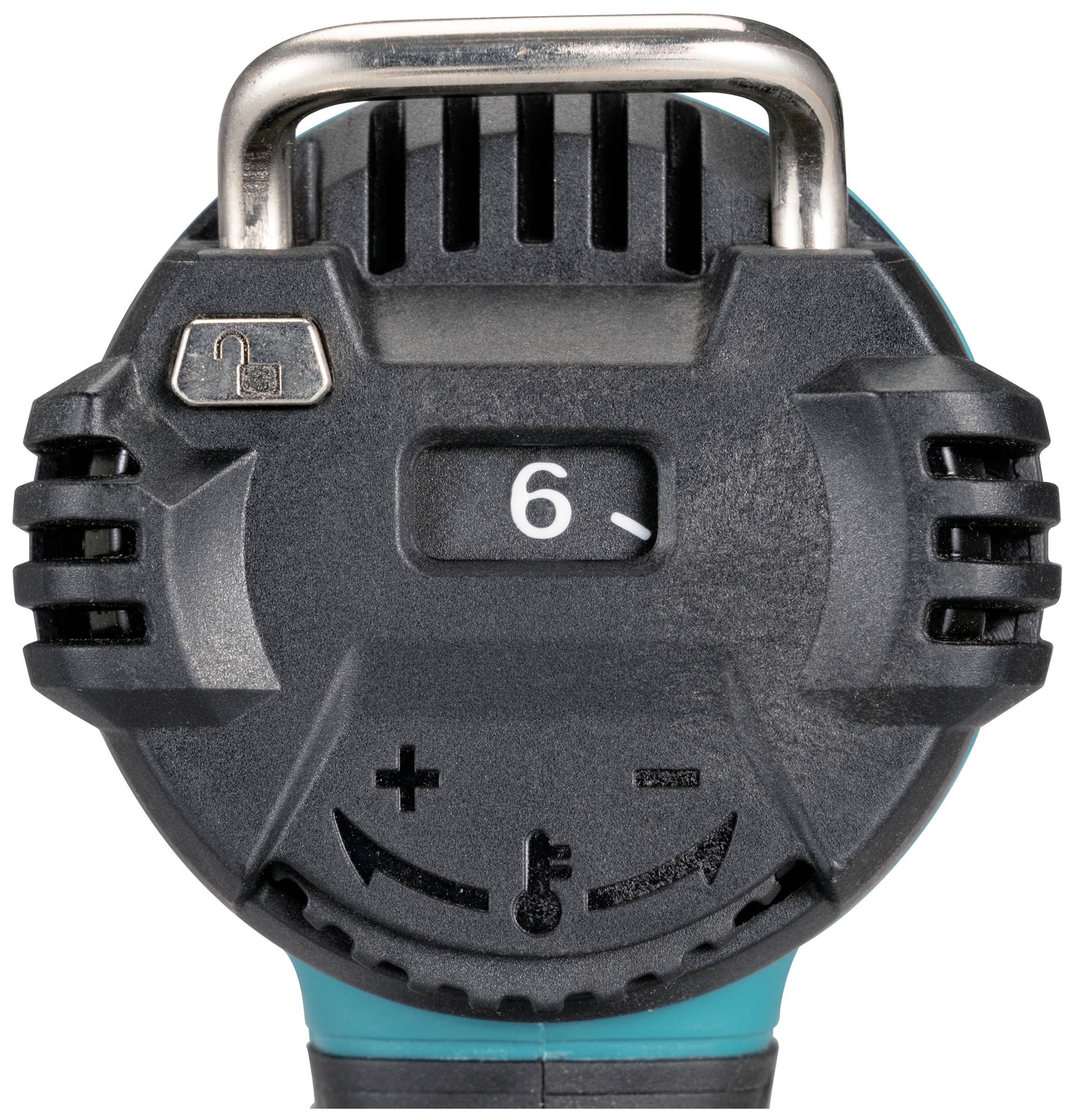 Nahaufnahme einer schwarzen, runden Skala mit einer Zahl 6 im Zentrum, einem gezeigten Schloss-Symbol und plus/minus Steuerungen.