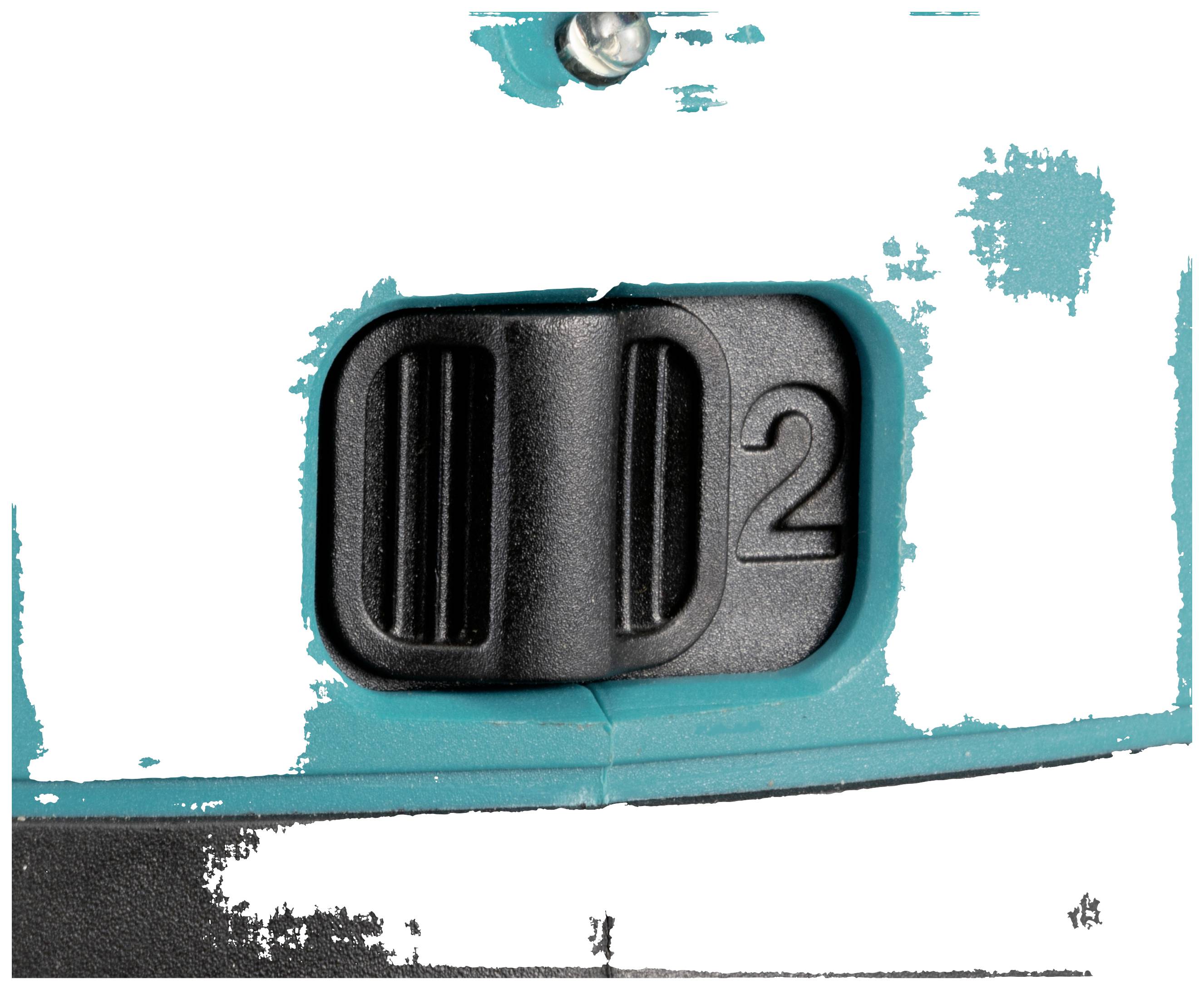 Nahaufnahme eines Schalters auf einem Gerät, markiert mit der Zahl '2', umgeben von einer blau-weißen Oberfläche.