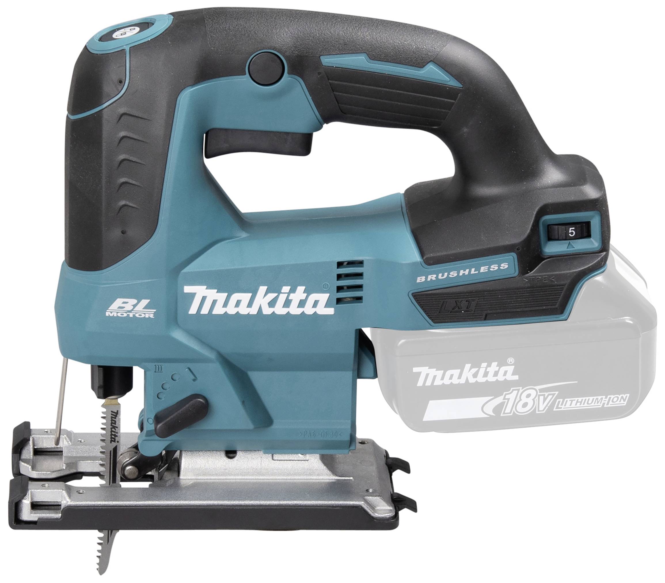 Eine blaue, kabellose Stichsäge der Marke Makita mit einem ergonomischen Griff und einem '18V Lithiumion'-Akku.