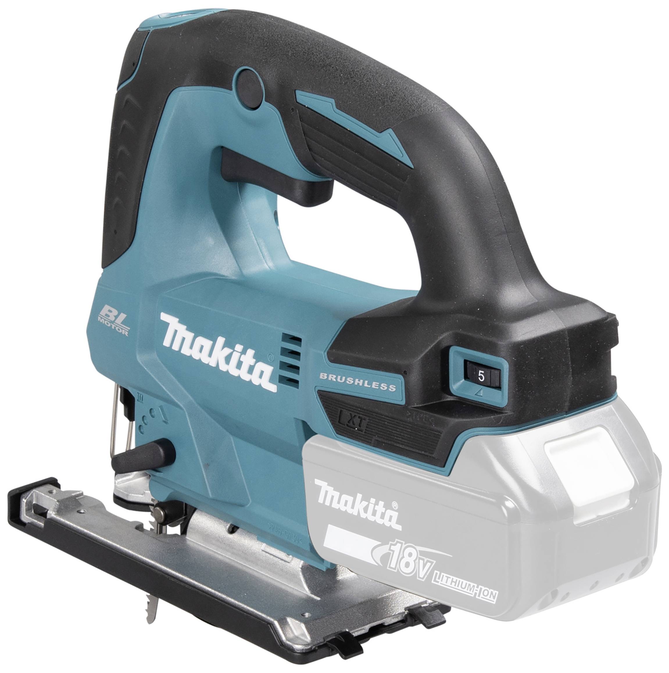 Eine blaue und schwarze Akku-Stichsäge, Modellbeschriftung 'Makita 18V LXT', geeignet für präzise Schnitte in unterschiedlichen Materialien.