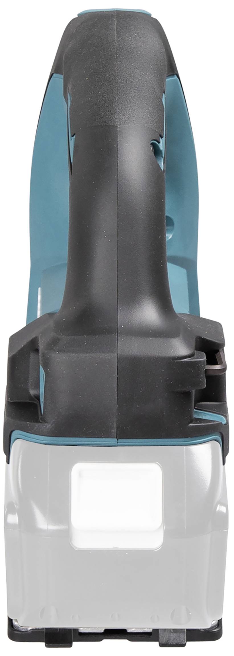 Handgriff einer kabellosen Kettensäge, gesehen von oben, mit blauem Gehäuse und schwarzem Griff.