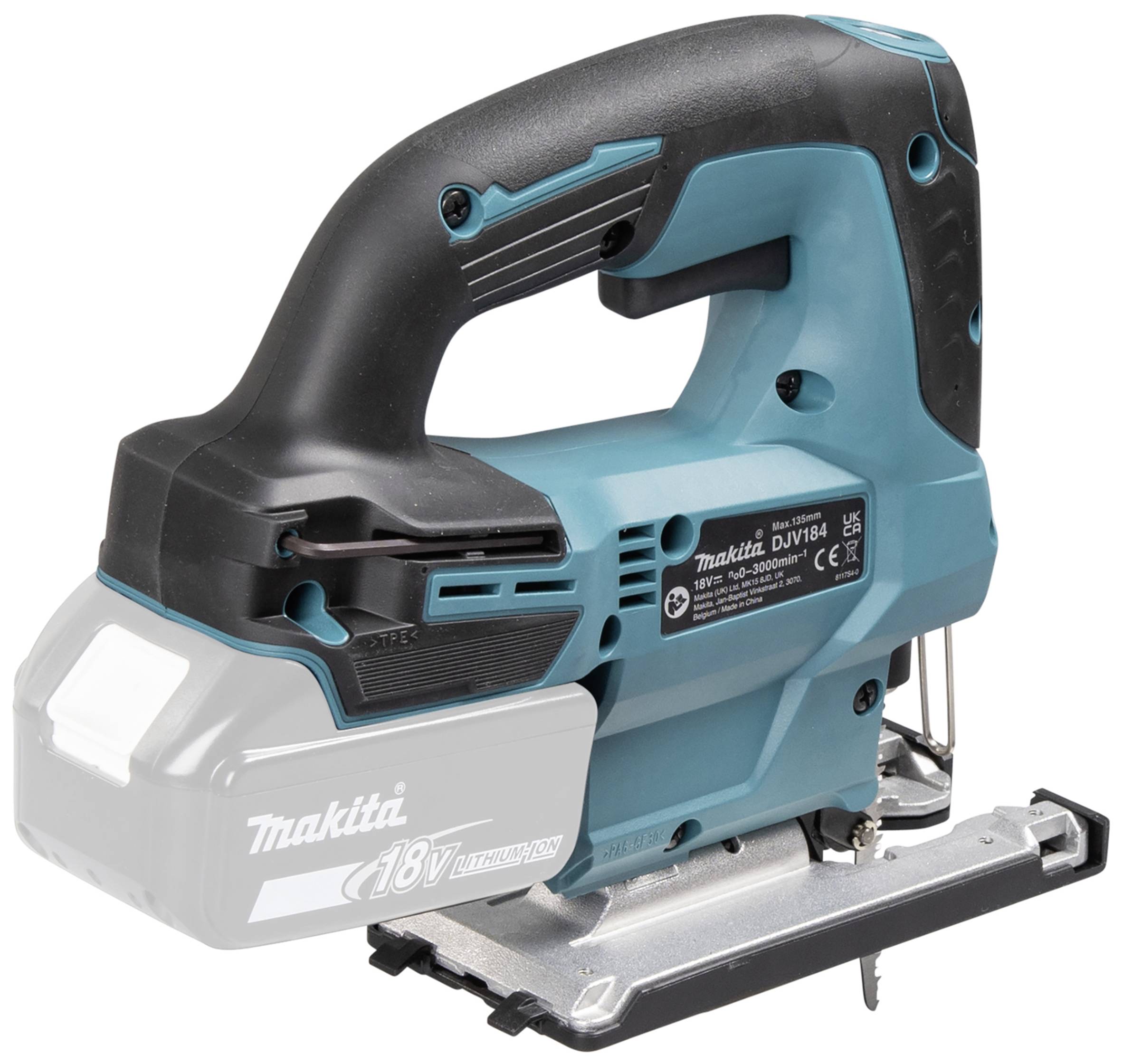 Kabellose Stichsäge mit ergonomischem Griff, blau-schwarzes Design, geeignet für präzise Schnittarbeiten in Holz und Metall.