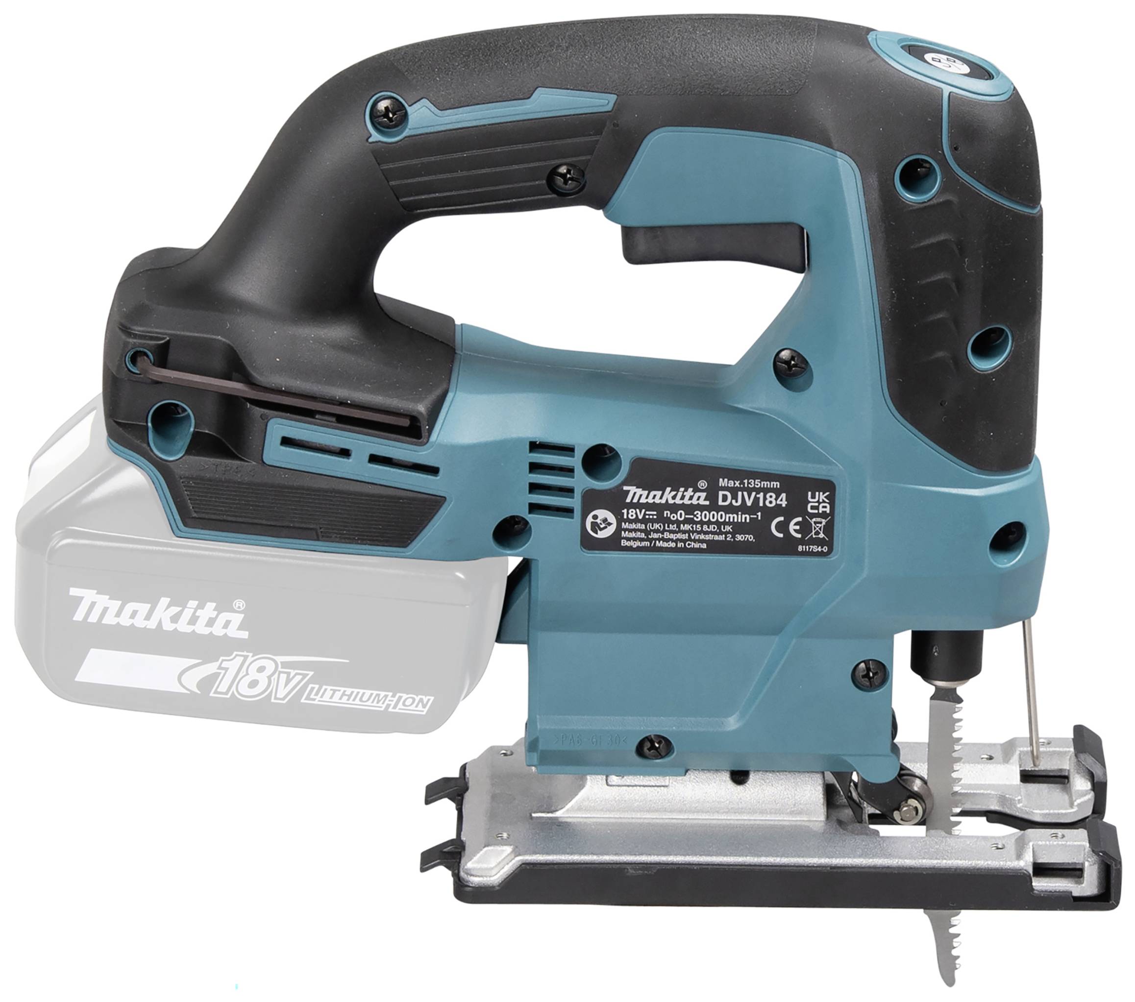 Elektrische Stichsäge mit ergonomischem Griff und Akkuaufnahme, geeignet für präzises Schneiden. Markenname und technische Details sichtbar.