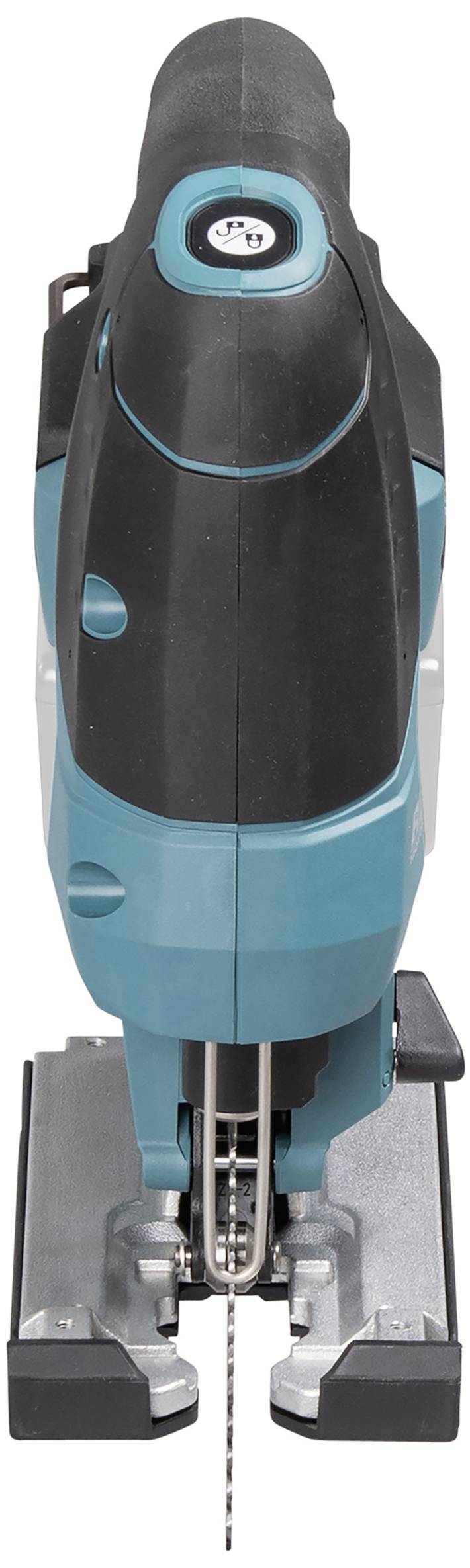 Elektrowerkzeug: Eine blaue und schwarze Stichsäge, gezeigt von vorne. Ideal zum Schneiden von Holz und anderen Materialien.