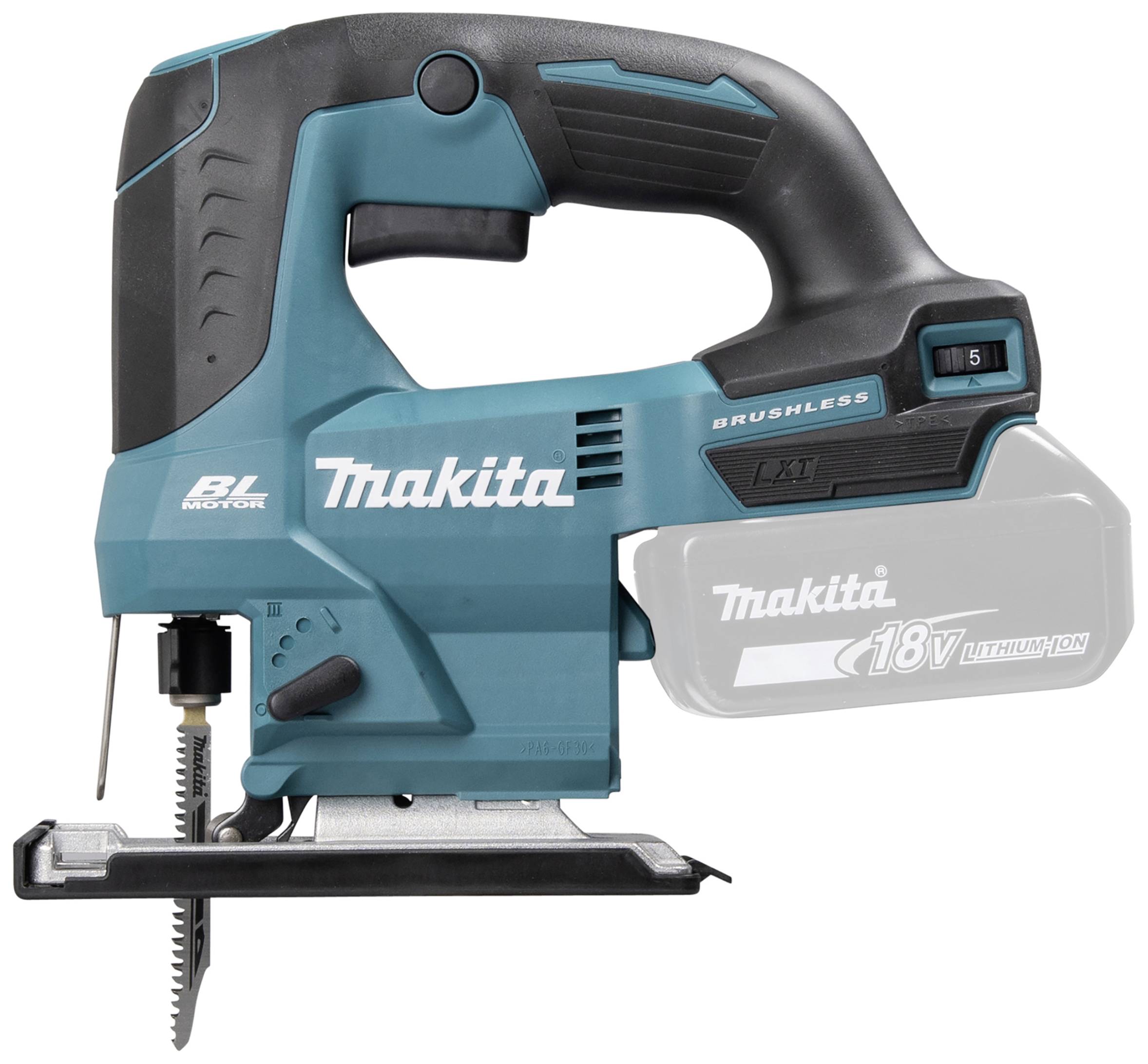 Akkubetriebene Stichsäge mit blauem Griff und Sägeblatt. Marke 'Makita', 18V Lithium-Ionen-Akku. Geeignet für Holzarbeiten.