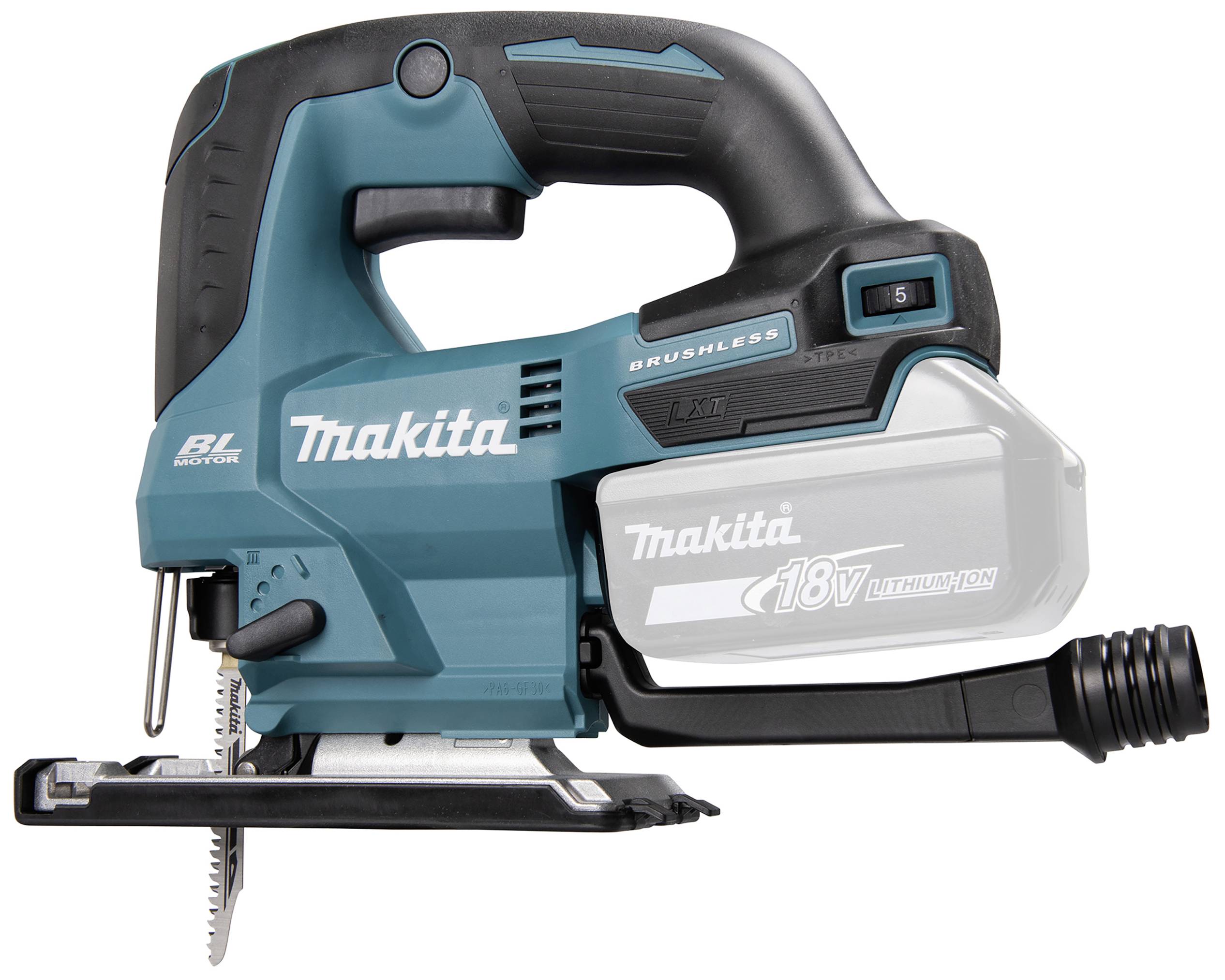 Schnurloser Stichsäge in Blau, Marke 'Makita' mit 18V Lithium-Ionen-Akku, geeignet für präzise Holz- und Metallschnitte.