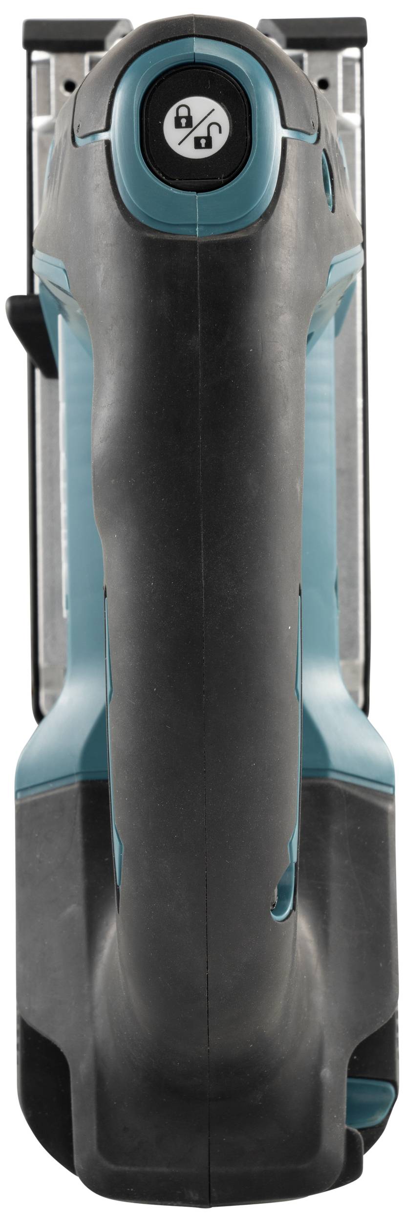 Ein elektrischer Winkelschleifer in Schwarz und Blau, mit einem Sicherheitsverschluss am oberen Ende des Griffs.
