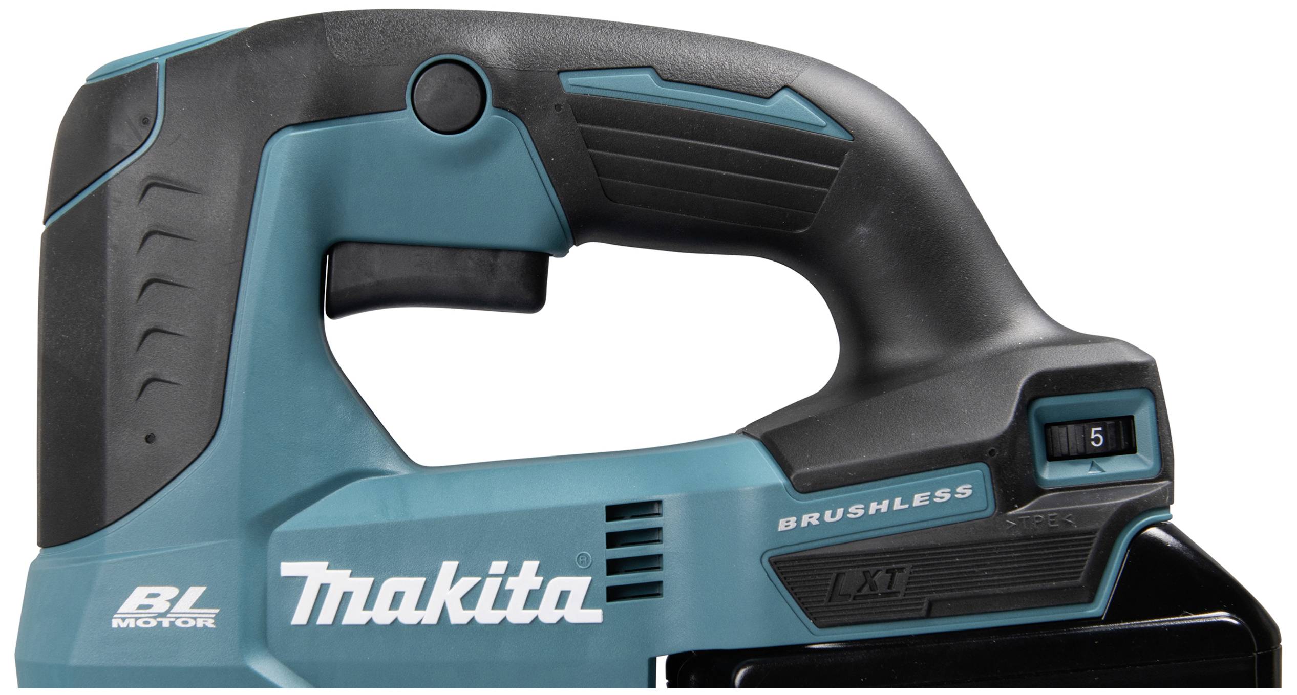Akkuschrauber Griff von Makita mit dunkelblauem und schwarzem Gehäuse, Display für Geschwindigkeitsstufen, Modellteilansicht.