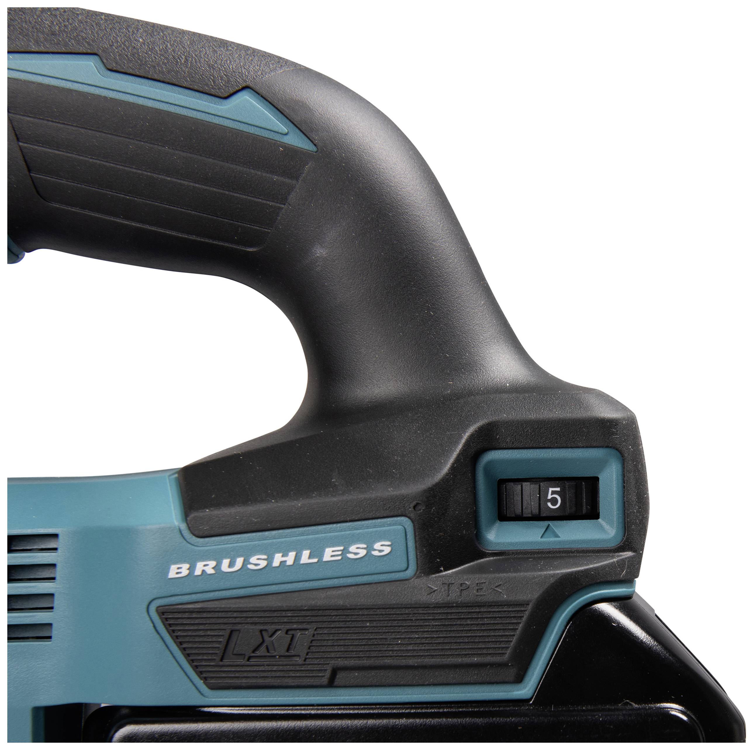 Detailaufnahme eines schwarzen und türkisfarbenen Werkzeugs mit einem Schalter auf Stufe 5. Texte: 'BRUSHLESS', 'LXT'.
