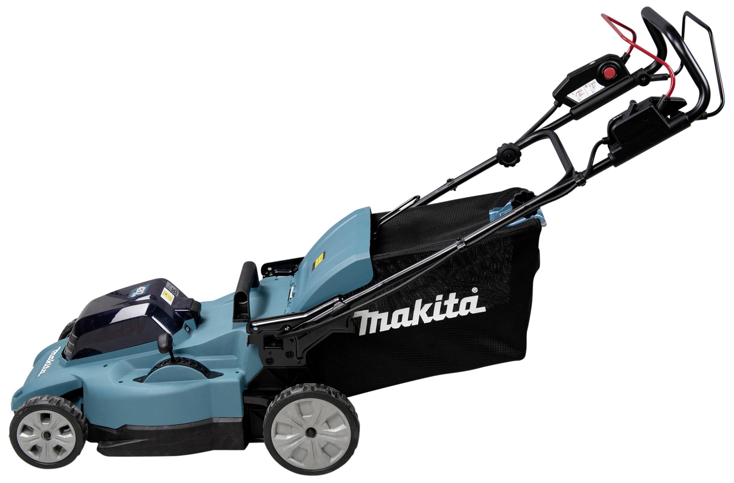 Ein blauer Rasenmäher mit einem schwarzen Fangkorb. 'Makita'-Logo an der Seite. Der Mäher hat einen schwarzen Griff und schwarze Räder.