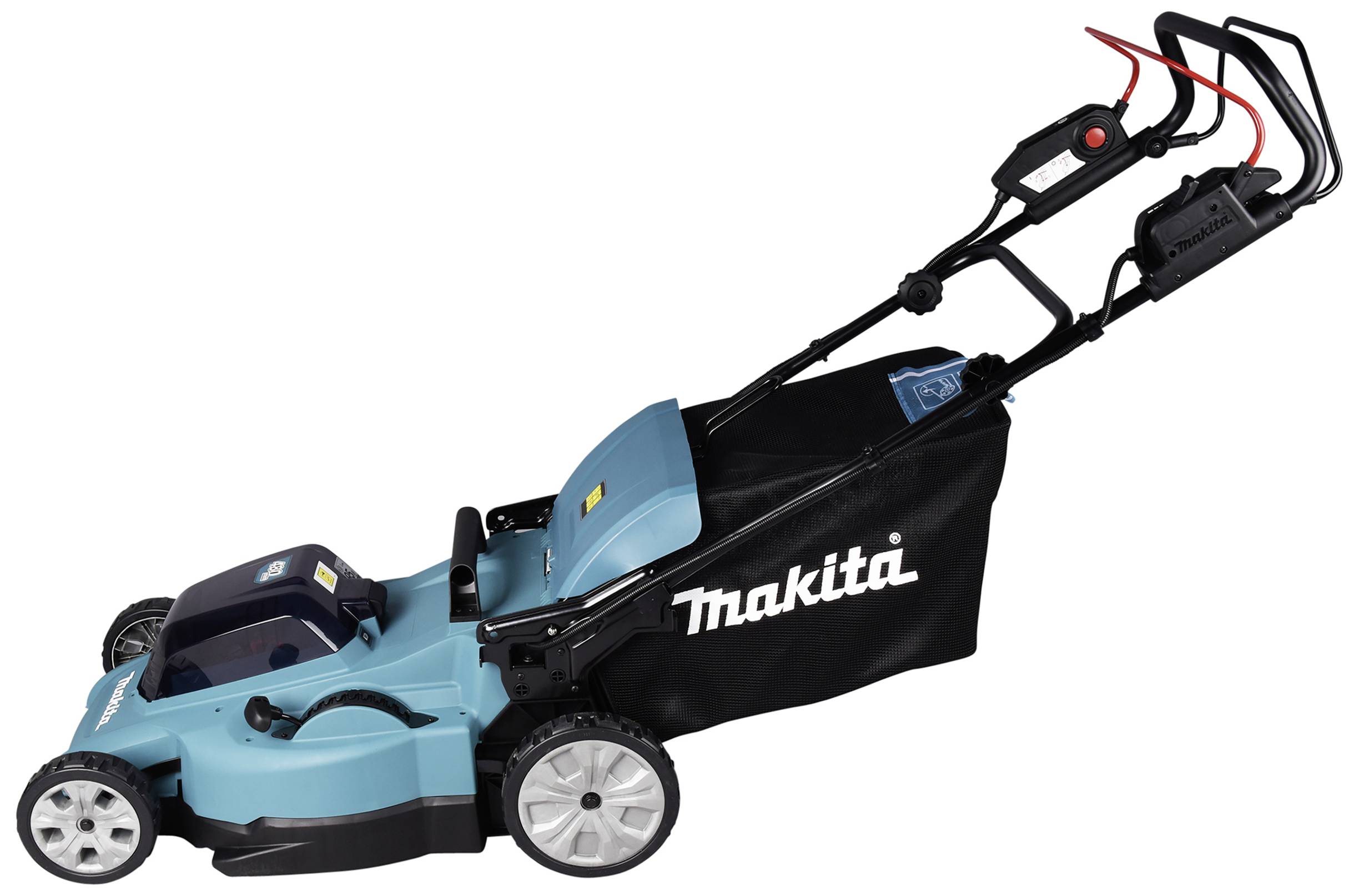 Der Rasenmäher von Makita mit blauem Gehäuse und schwarzem Fangkorb ist für den Einsatz im Garten vorgesehen.