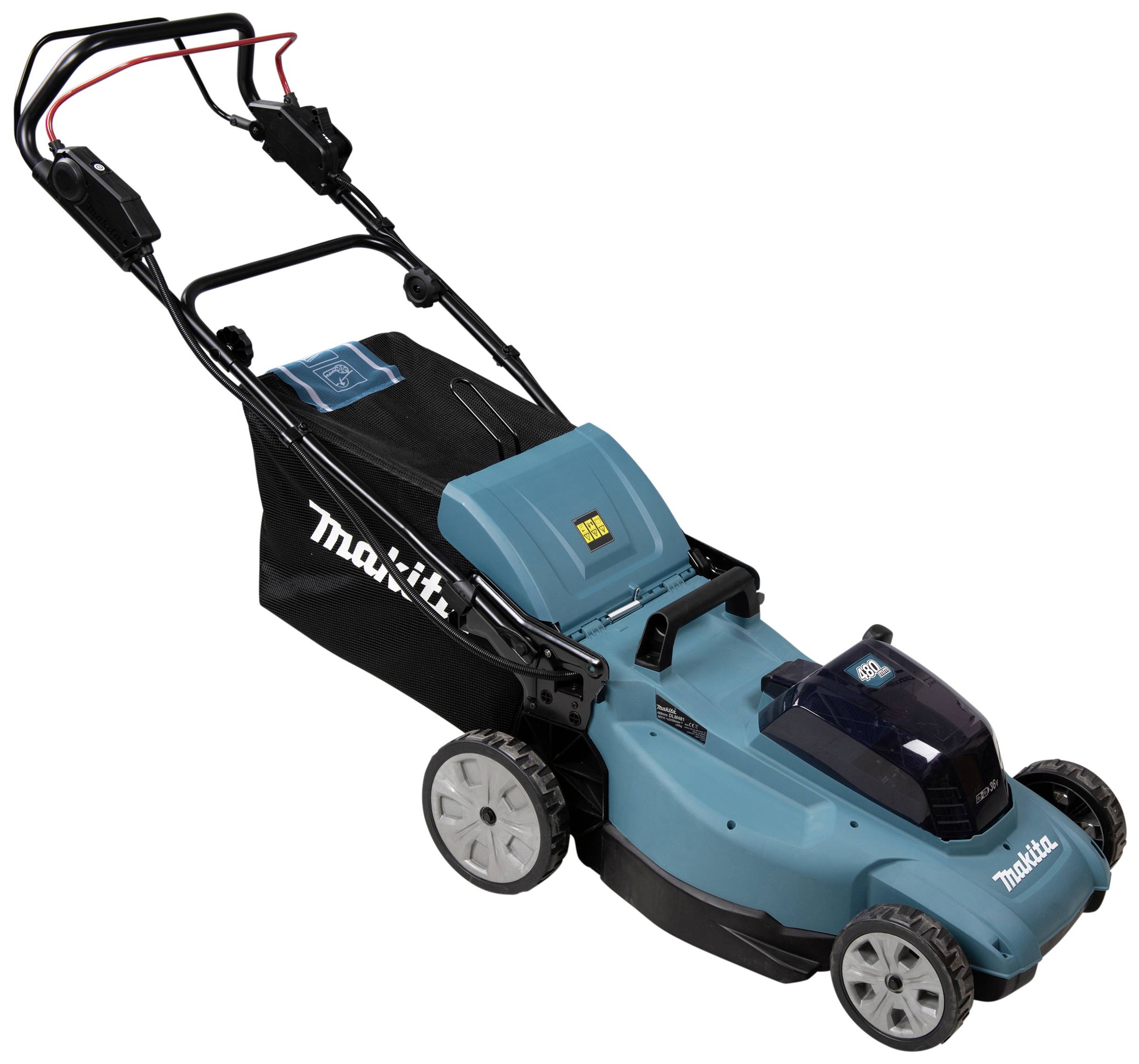 Ein blauer elektrischer Rasenmäher mit Akkuantrieb und Fangkorb. Geeignet für mittelgroße Gärten. Markenlogo auf dem Gehäuse.