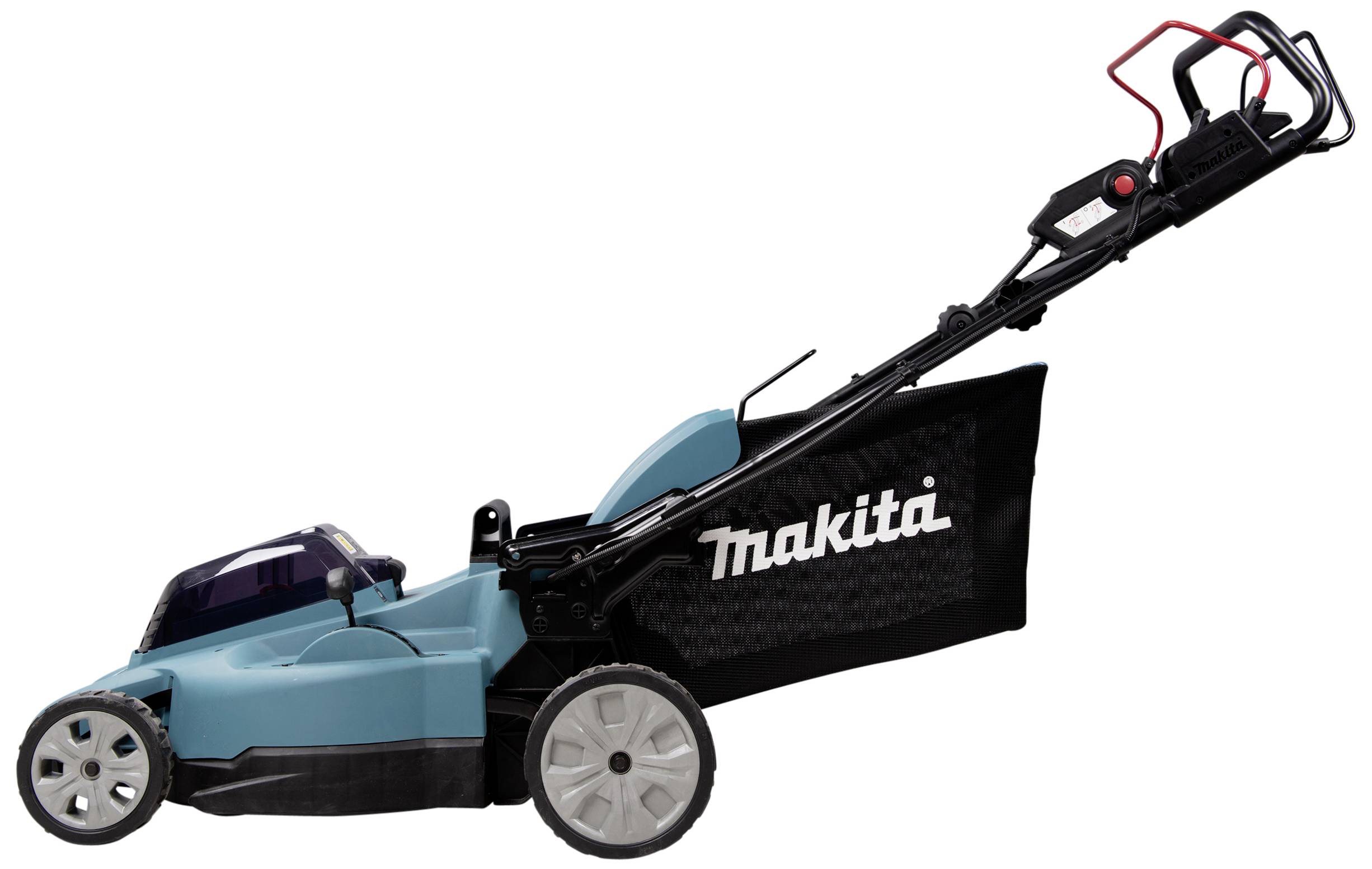 Elektrischer Rasenmäher in Blau mit schwarzem Fangsack und rotem Griff; seitlicher Profilblick; Markenname 'Makita' auf dem Fangsack.