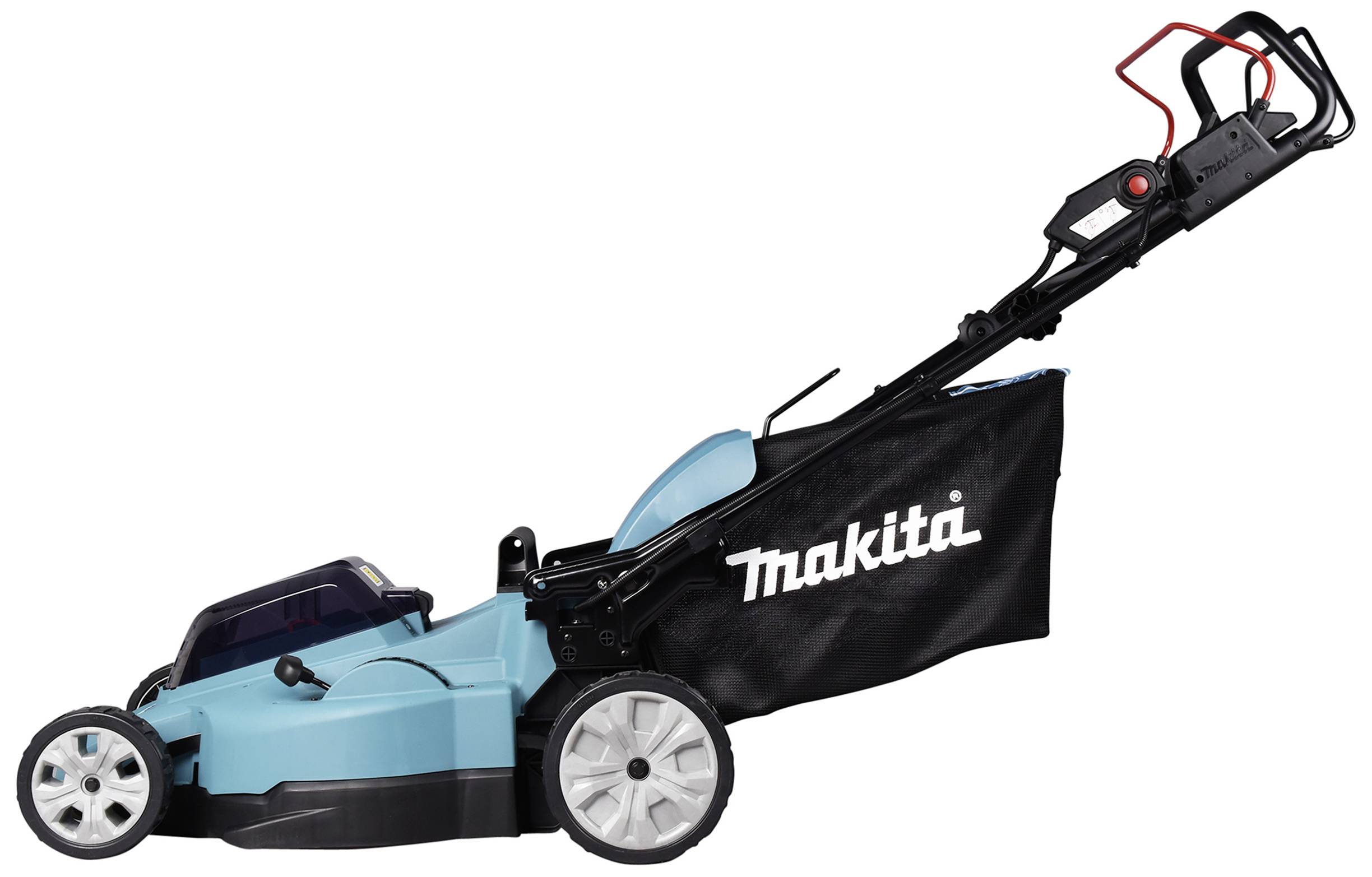 Ein blauer Rasenmäher mit schwarzem Fangkorb und dem Logo 'Makita' an der Seite.