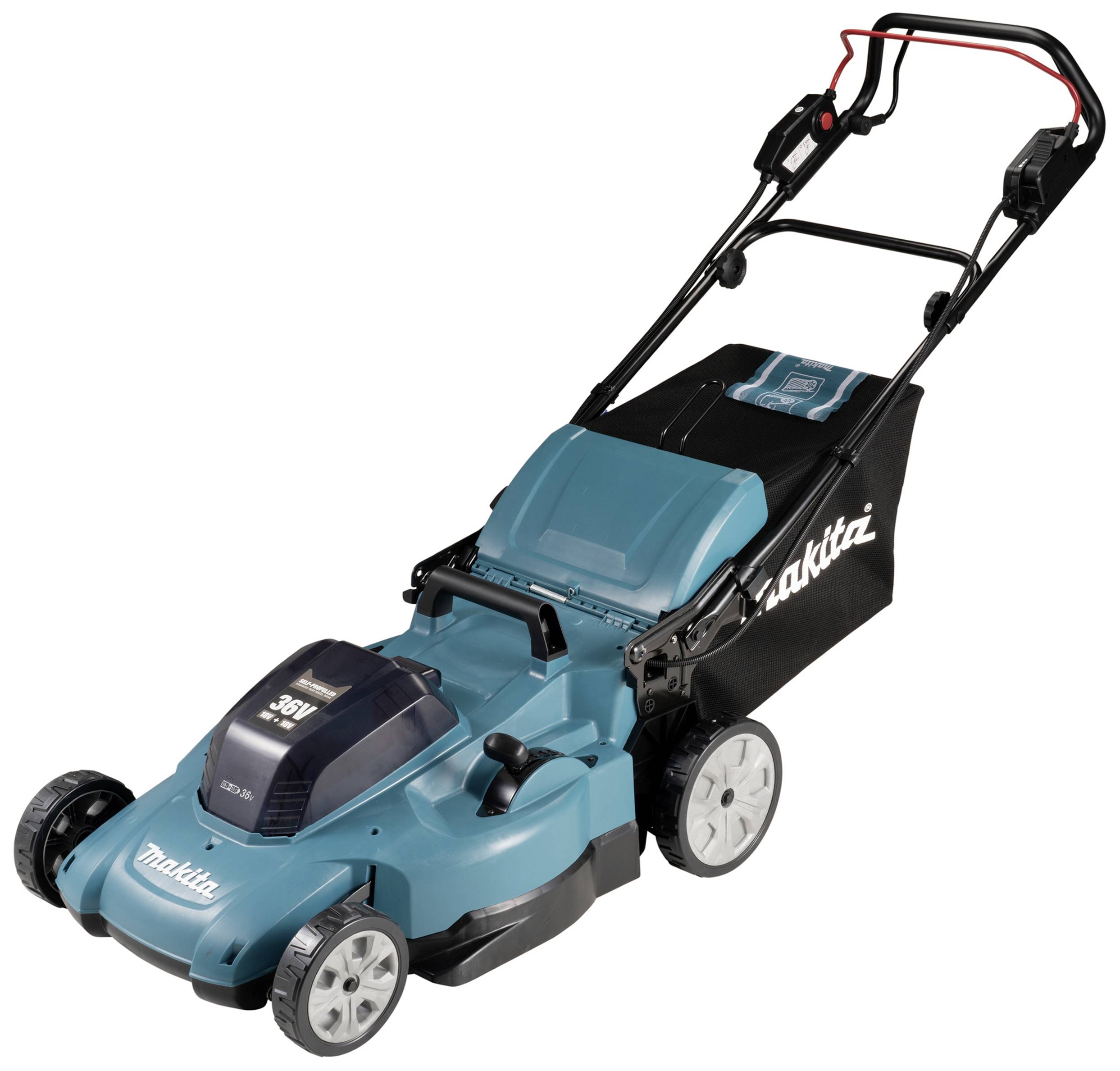 Ein blauer, moderner Rasenmäher mit großer Hinterradanordnung und ergonomischem Bügelgriff, geeignet für mittelgroße Rasenflächen.