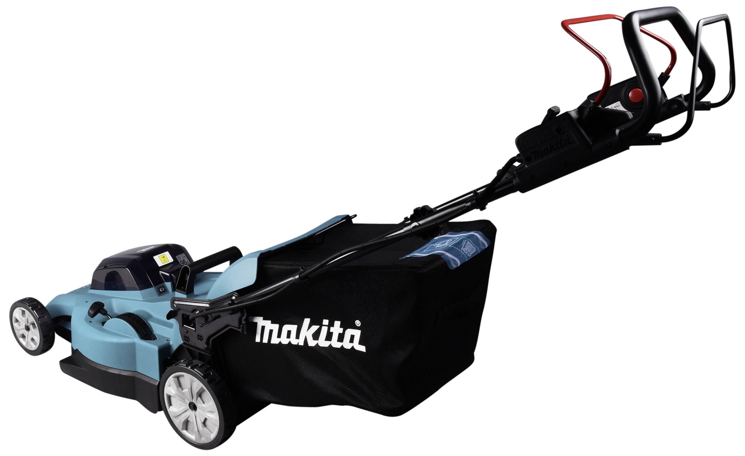 Ein hellblauer, elektrischer Rasenmäher mit einem Fangkorb. Der Griff ist schwarz mit roten Elementen. Marke 'Makita' auf dem Korb.