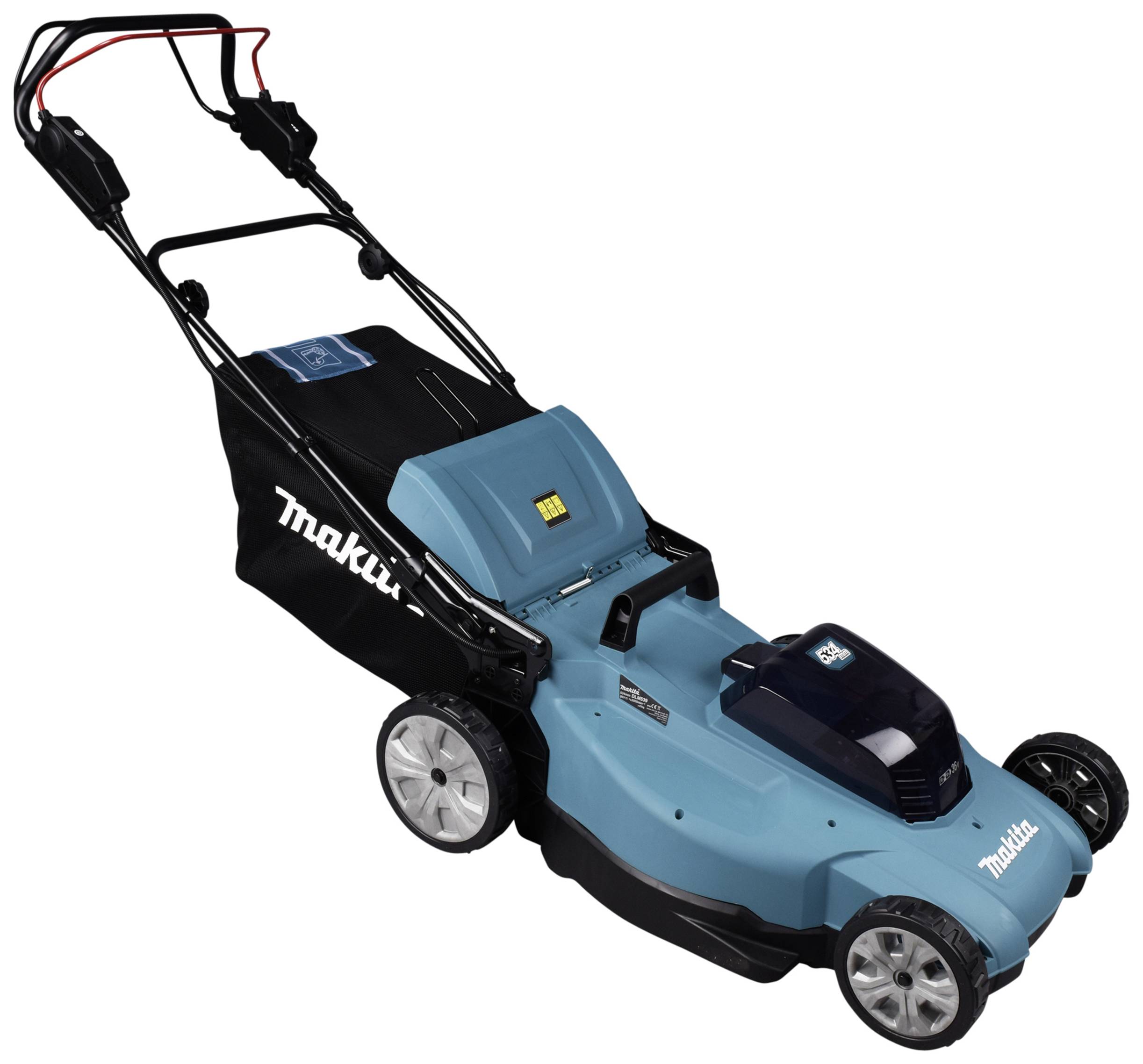 Blauer elektrischer Rasenmäher mit schwarzem Fangkorb und großen Rädern, Marke erkennbar auf Gerät und Korb. Geeignet für mittelgroße Gärten.