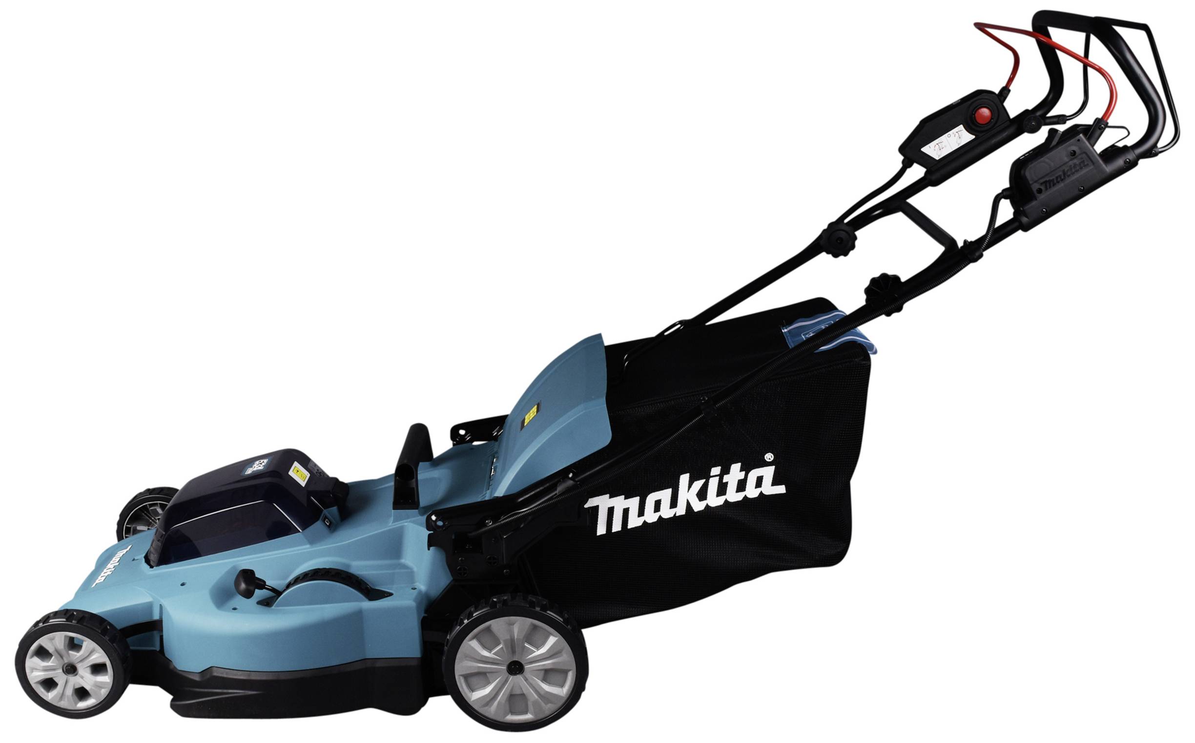 Ein blauer Rasenmäher mit schwarzem Fangkorb und rotem Griff, seitlich abgebildet. Der Markenname 'Makita' ist auf dem Fangkorb sichtbar.