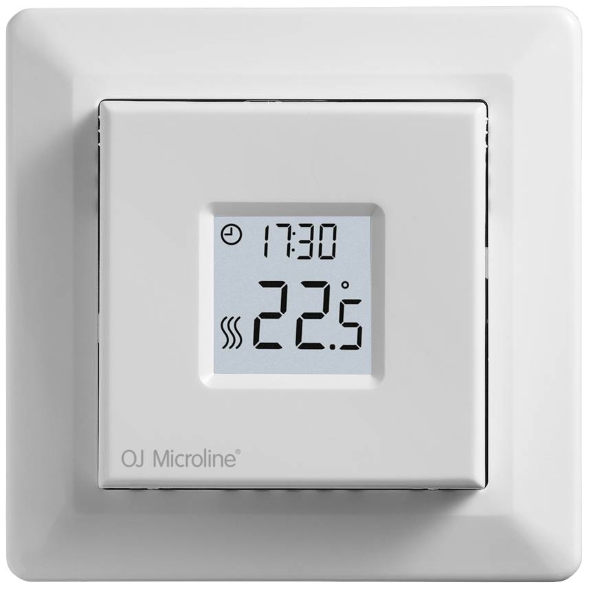 Ein digitales Thermostat zeigt '17:30 Uhr' und '22,5 °C'. Das Gerät hat ein kleines Display mit Uhrzeit und Temperaturanzeige.