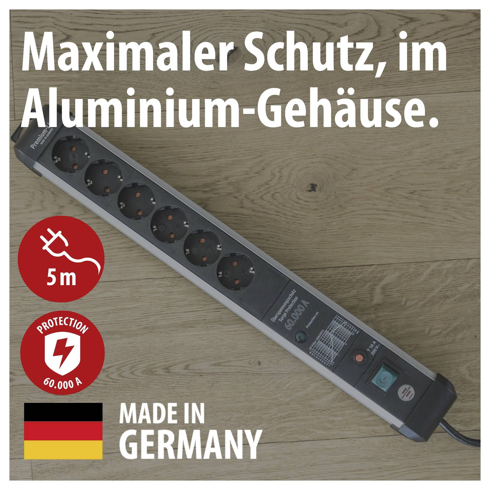 Steckdosenleiste im Aluminiumgehäuse mit 5 m Kabel; Werbetext 'Maximaler Schutz' und 'Made in Germany', Schutzsymbol für 60.000 A.