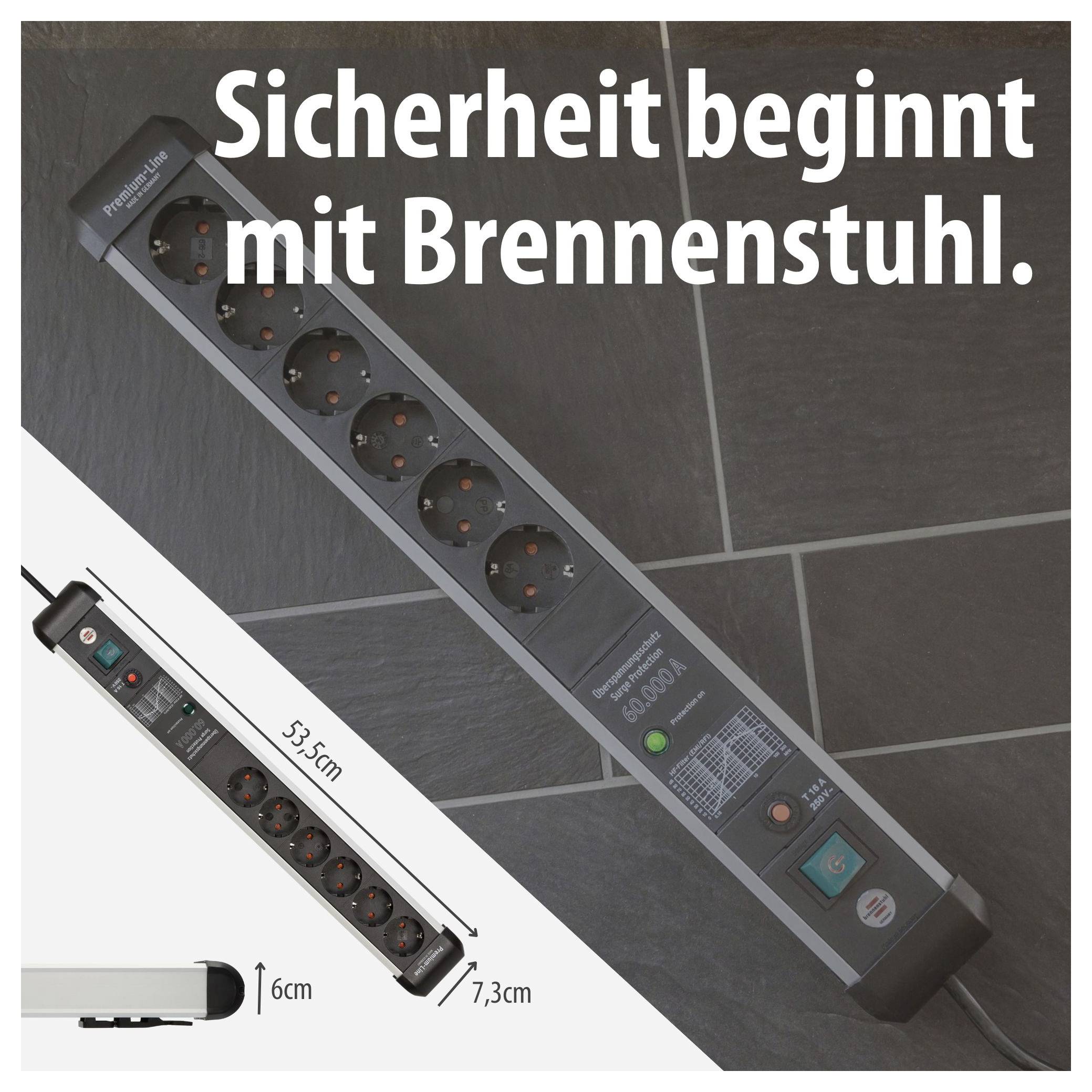 Werbebild für Brennenstuhl-Steckdosenleisten mit dem Slogan 'Sicherheit beginnt mit Brennenstuhl.'; zeigt zwei Mehrfachsteckdosen und Maße 53,5 cm, 7,3 cm und 6 cm.