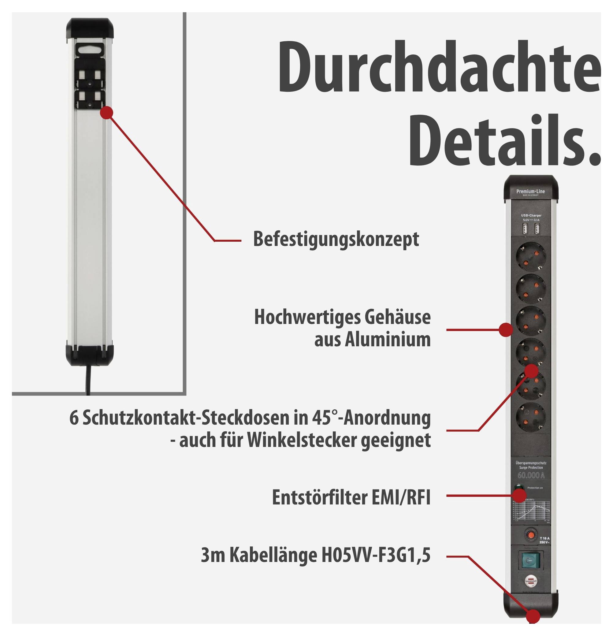 Werbegrafik einer Steckdosenleiste mit 6 Schutzkontakt-Steckdosen in 45°-Anordnung, Aluminiumgehäuse, EMI/RFI-Entstörfilter und 3 m Kabel; zeigt Befestigungsdetails.