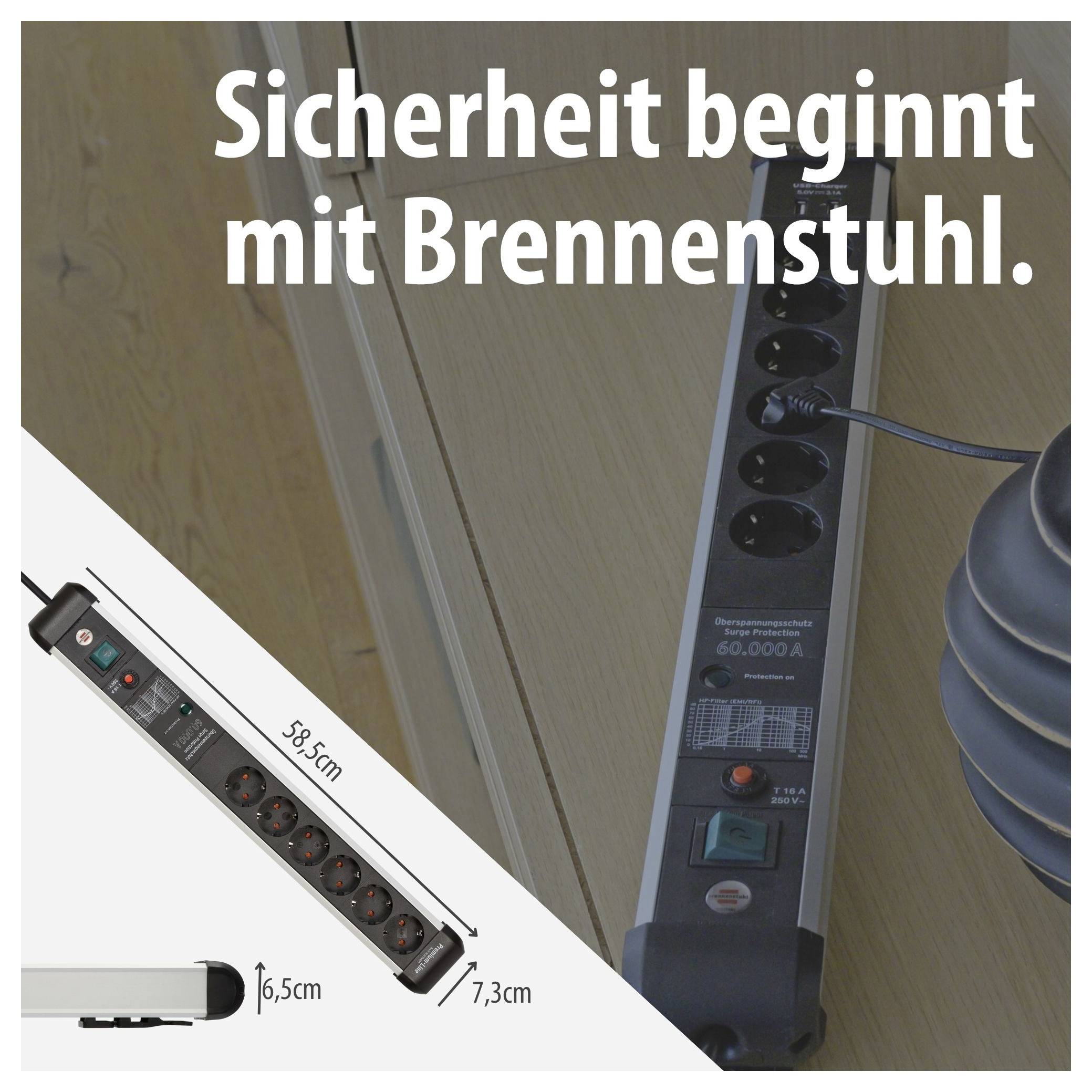 Werbeanzeige für eine Brennstuhl-Steckdosenleiste mit dem Text 'Sicherheit beginnt mit Brennenstuhl.' und Produktabbildung samt Maßangaben 58,5 cm, 6,5 cm und 7,3 cm.