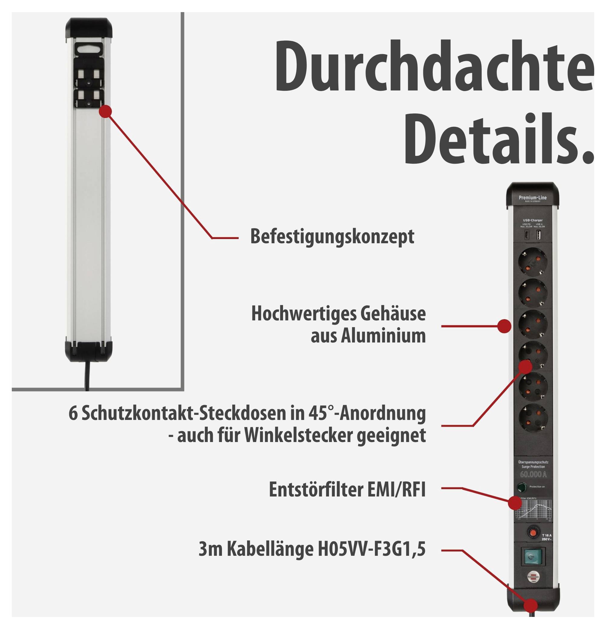 Werbegrafik einer Steckdosenleiste mit Titel 'Durchdachte Details.'; zeigt Befestigungskonzept, Aluminiumgehäuse, 6 Schutzkontakt-Steckdosen in 45°-Anordnung, EMI/RFI-Entstörer und 3 m Kabel.