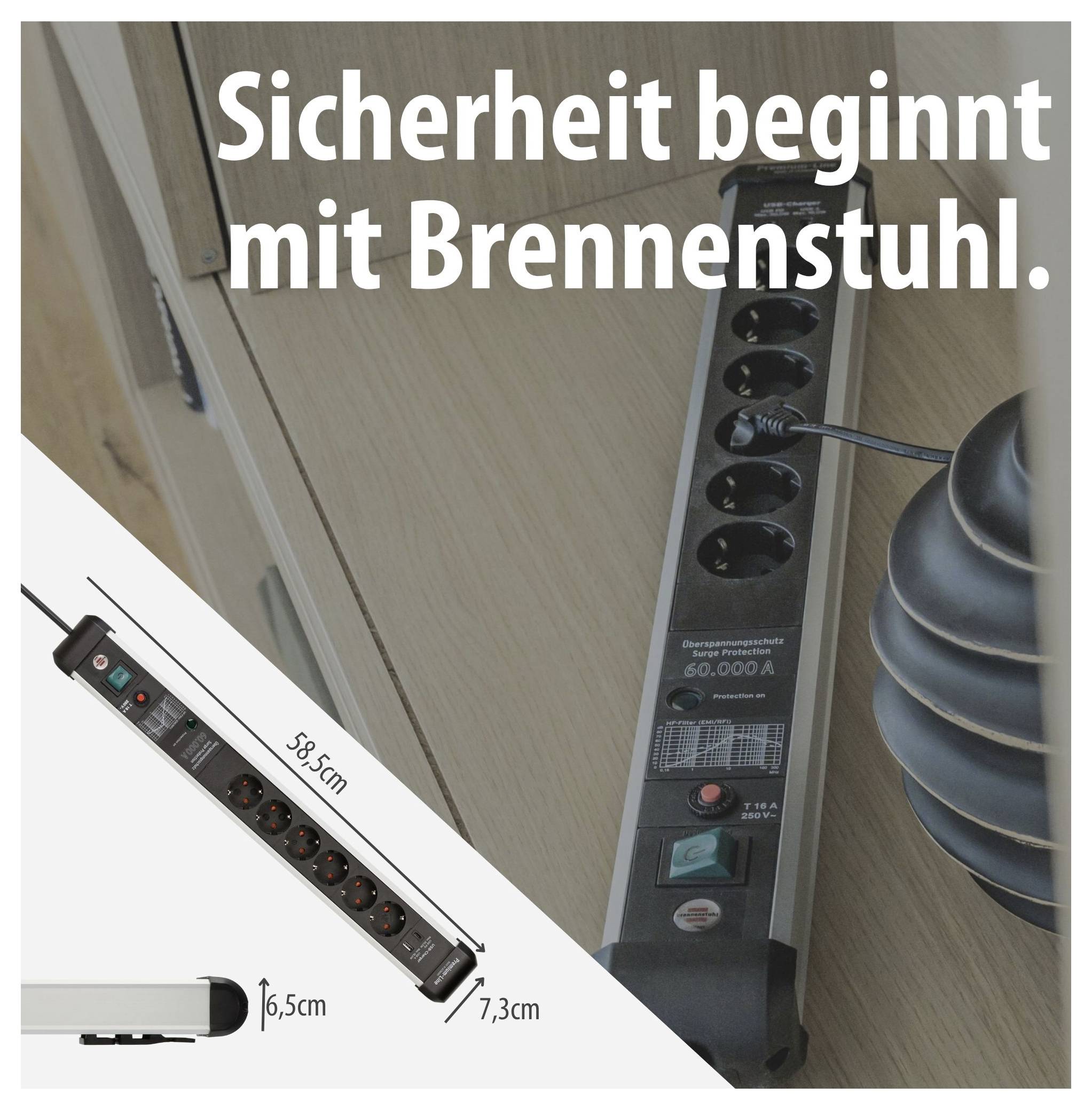Werbeabbildung einer schwarzen Brennenstuhl-Steckdosenleiste mit Schalter und Kindersicherung; Text: 'Sicherheit beginnt mit Brennenstuhl.'