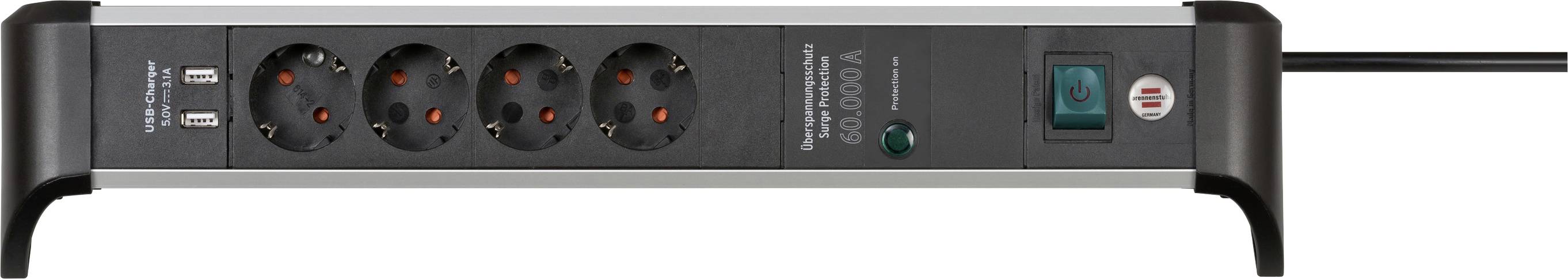 Eine schwarze Steckerleiste mit fünf Steckdosen, einem roten Reset-Knopf, einer grünen Kontrollleuchte und einem türkisfarbenen Ein-/Aus-Schalter auf der rechten Seite.