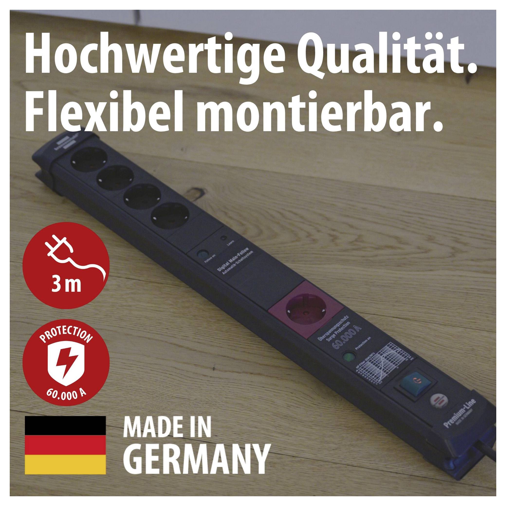 Mehrfachsteckdose auf Holztisch mit Aufdruck 'Hochwertige Qualität. Flexibel montierbar.', 3 m Kabel, 60.000 A Schutz, 'Made in Germany'.