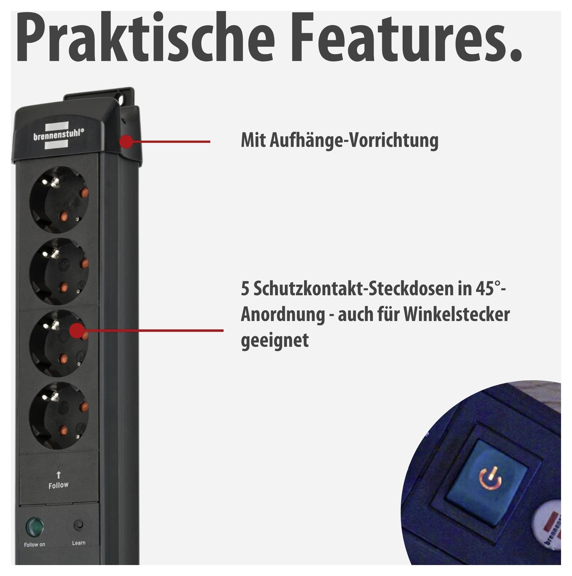 Steckdosenleiste mit 5 Schutzkontakt-Steckdosen in 45°-Anordnung und Aufhänge-Vorrichtung; Text hebt praktische Features hervor.