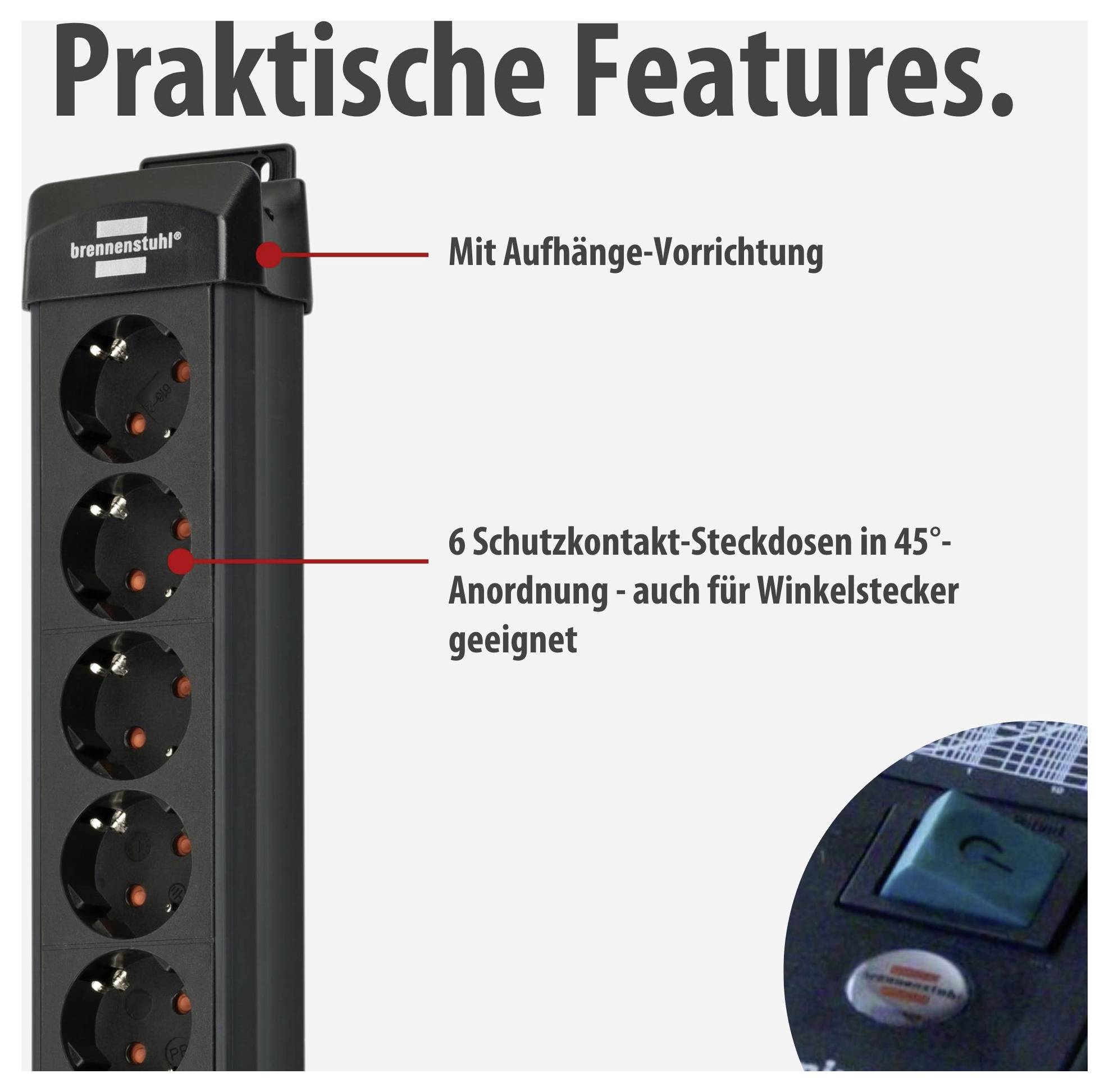Werbung für eine schwarze Steckdosenleiste mit 6 Schutzkontakt-Steckdosen in 45°-Anordnung und Aufhänge-Vorrichtung; Detailbild eines Schalters.
