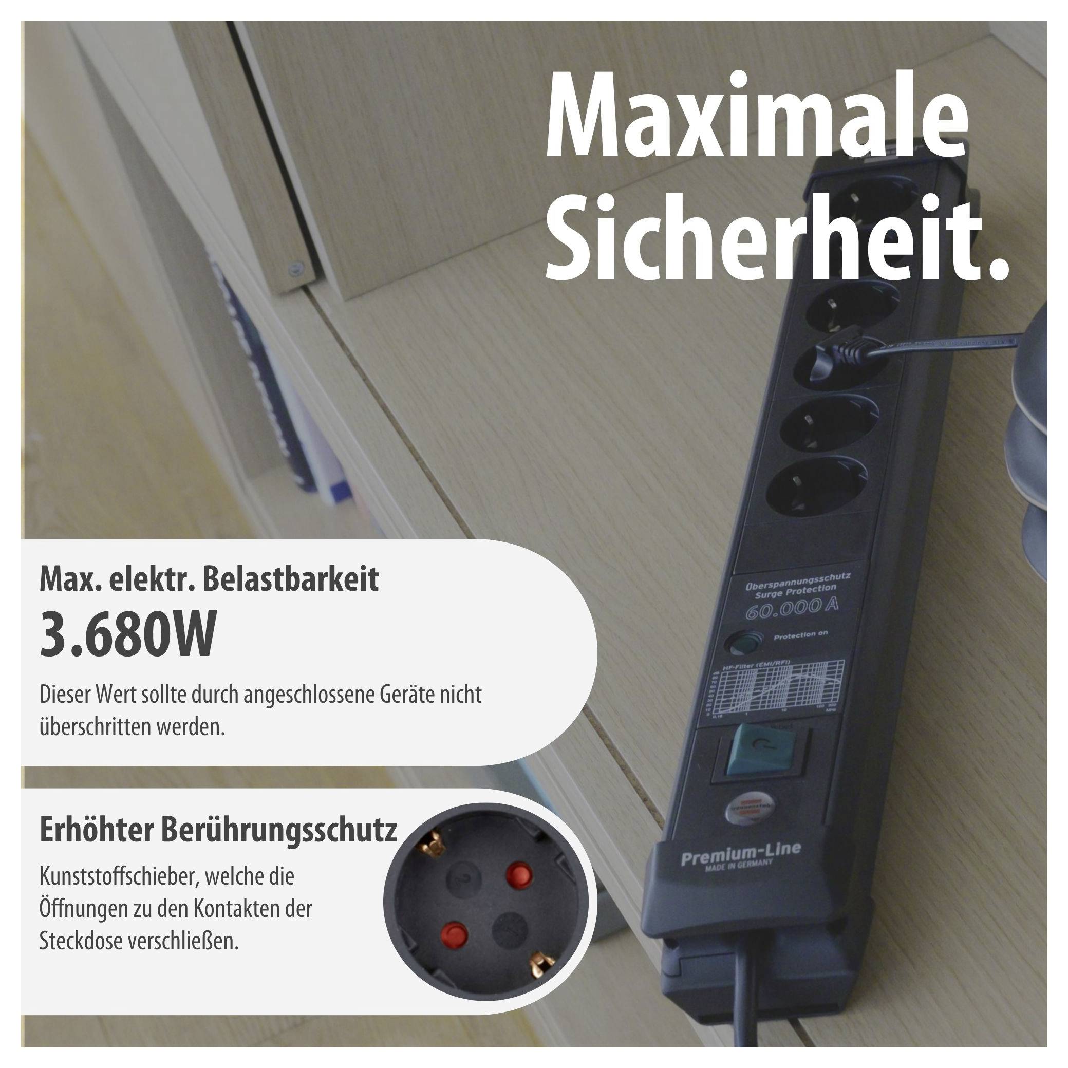 Werbung für eine Steckdosenleiste mit 'Maximale Sicherheit'; nennt 3.680 W maximale elektrische Belastbarkeit und erhöhten Berührungsschutz.