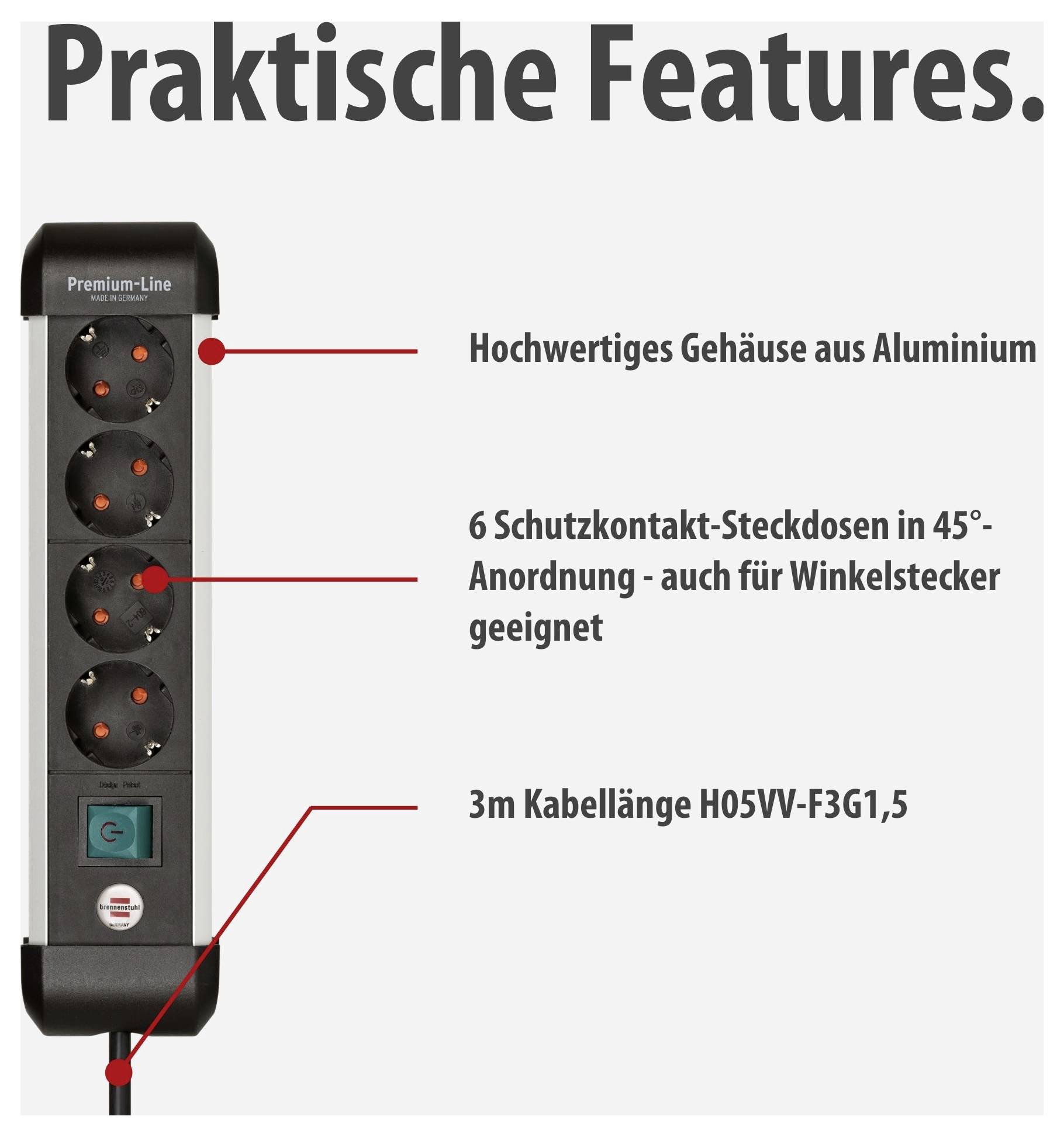 Produktgrafik einer Steckdosenleiste mit der Überschrift 'Praktische Features': Aluminiumgehäuse, 6 Schutzkontakt-Steckdosen in 45°-Anordnung und 3 m Kabel H05VV-F3G1,5.